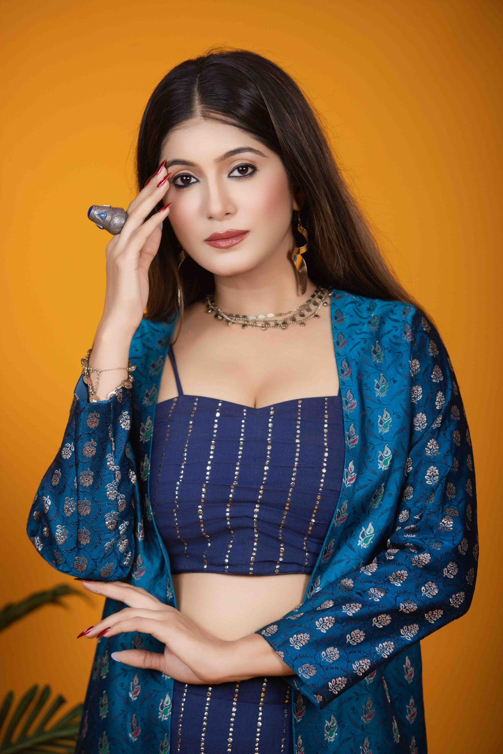 Deep Blue Banarasi Silk Ensemble with Mukaish Embellishments