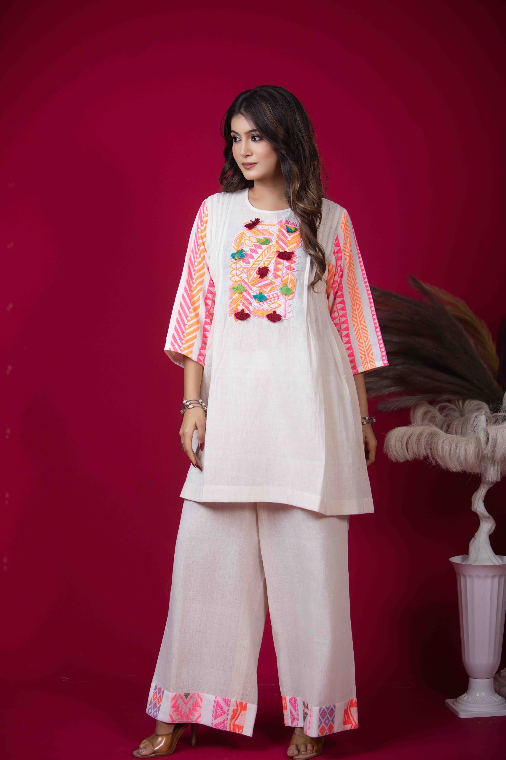 Embroidered Cotton Kurta Set with Pintucks & Palazzo Pants