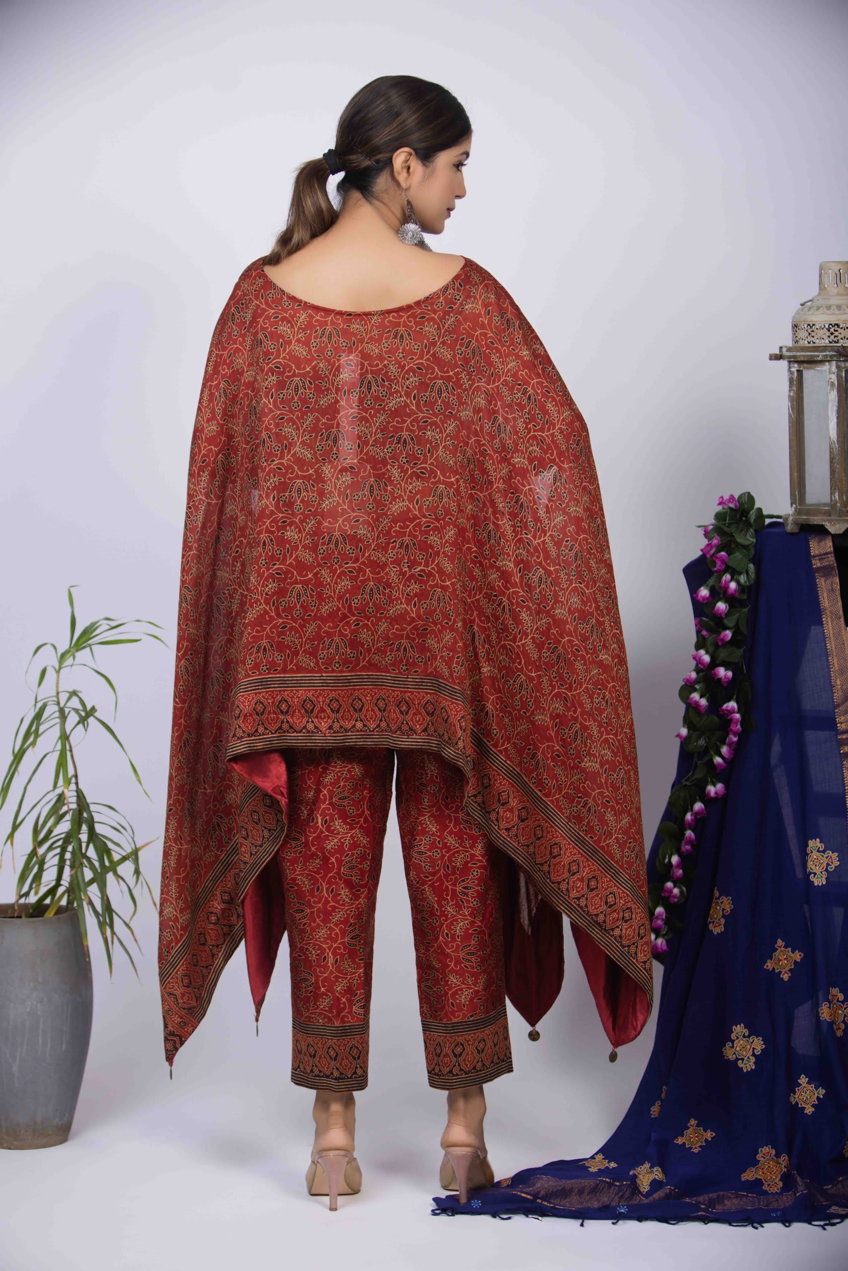 Maroon Kaftan Kurti Set with Ajrakh Block Print & Bead Work