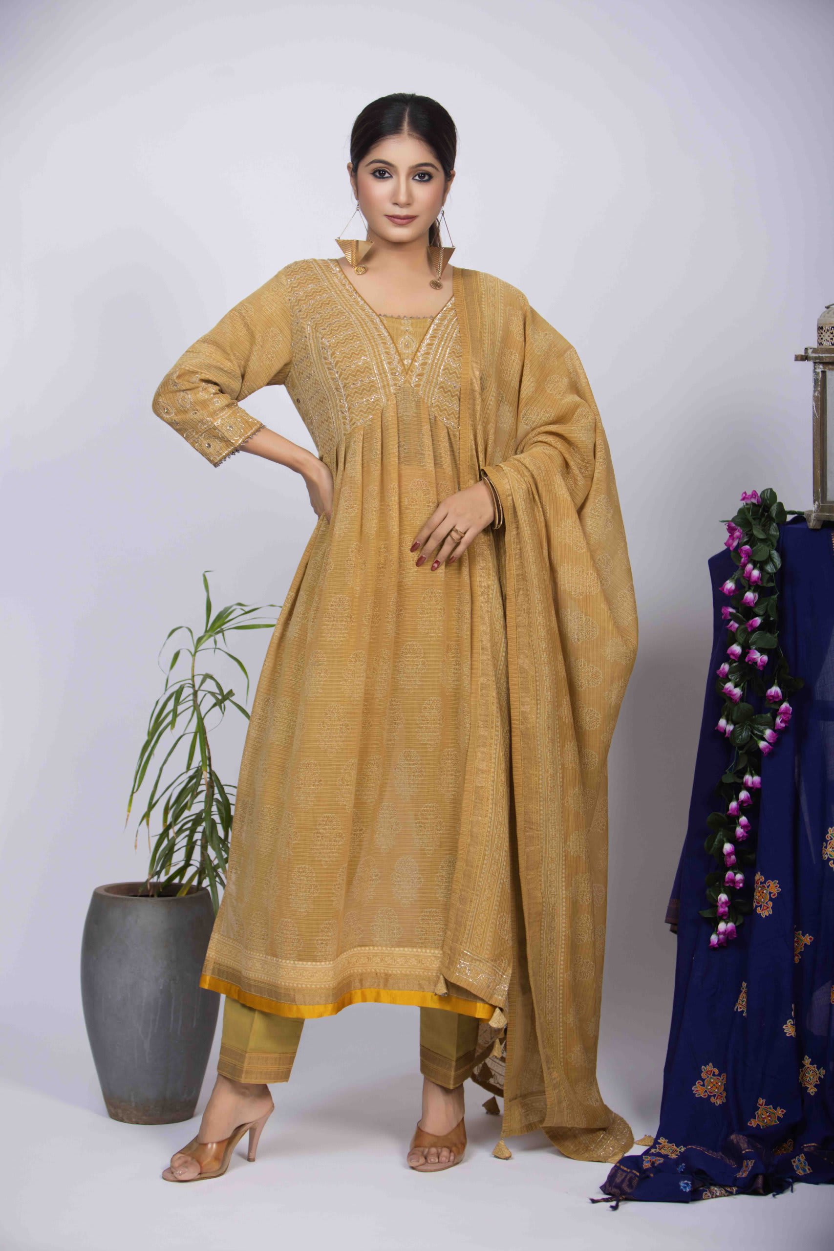 Yellow Ajrakh Block Print Kurta Set with Pita Work & Dupatta