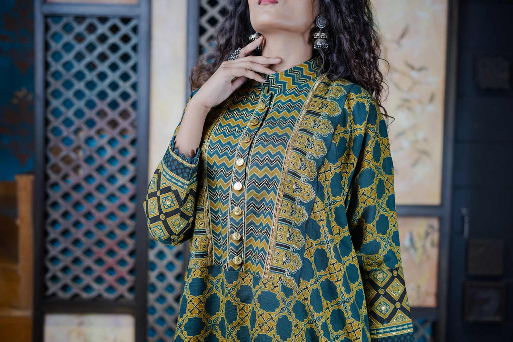 Ajrak Kurti Set in Green and Gold with Geometric Motifs