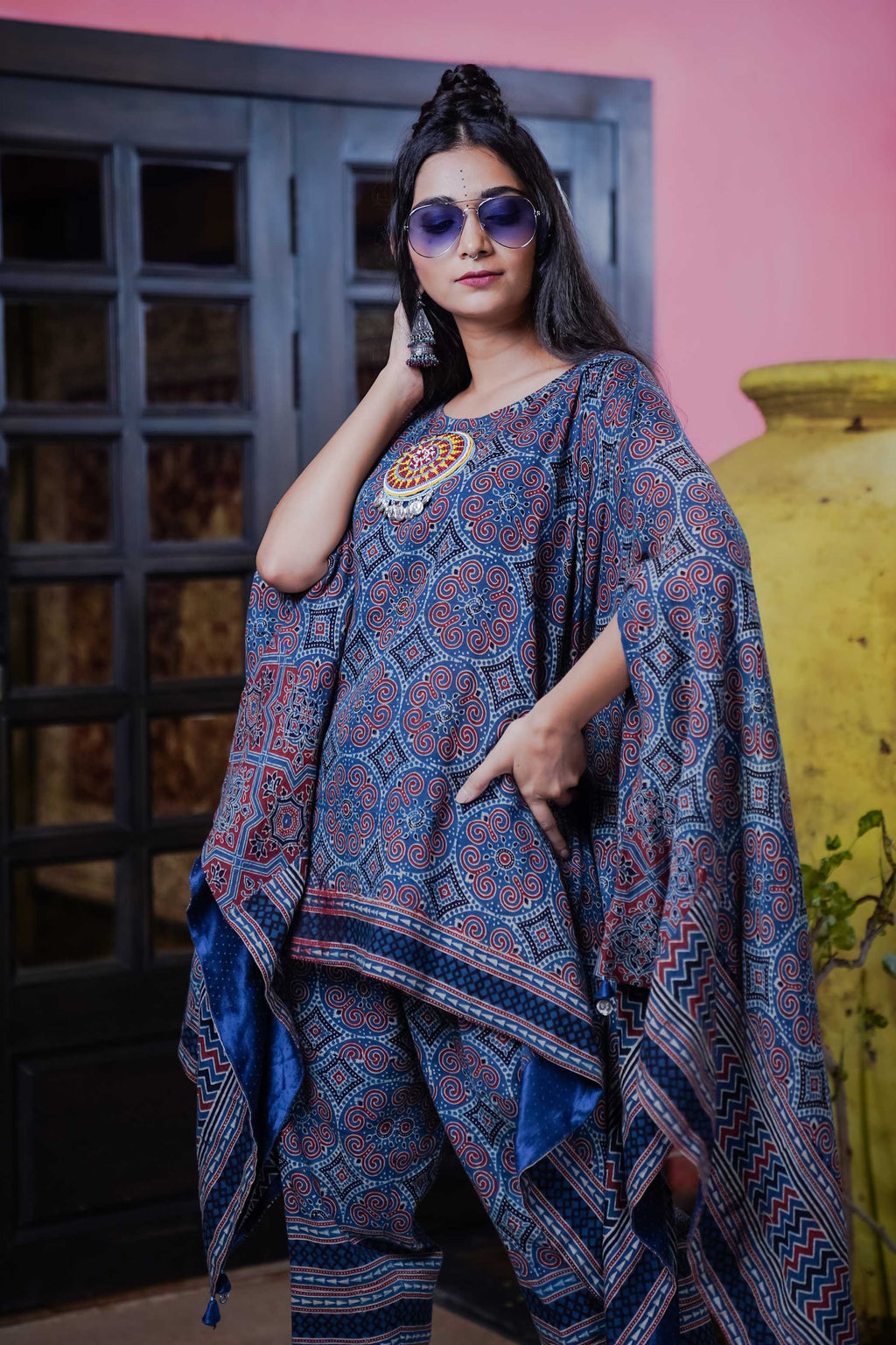 Indigo Ajrak Kurti Set with Intricate Patterns and Beaded Neckline