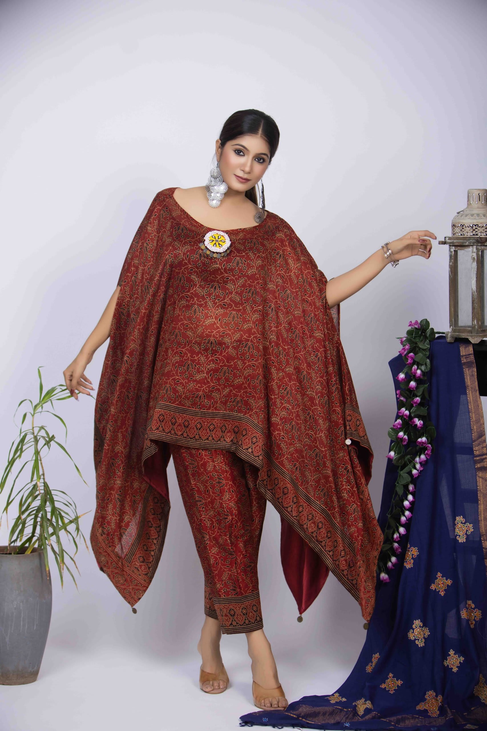 Maroon Kaftan Kurti Set with Ajrakh Block Print & Bead Work