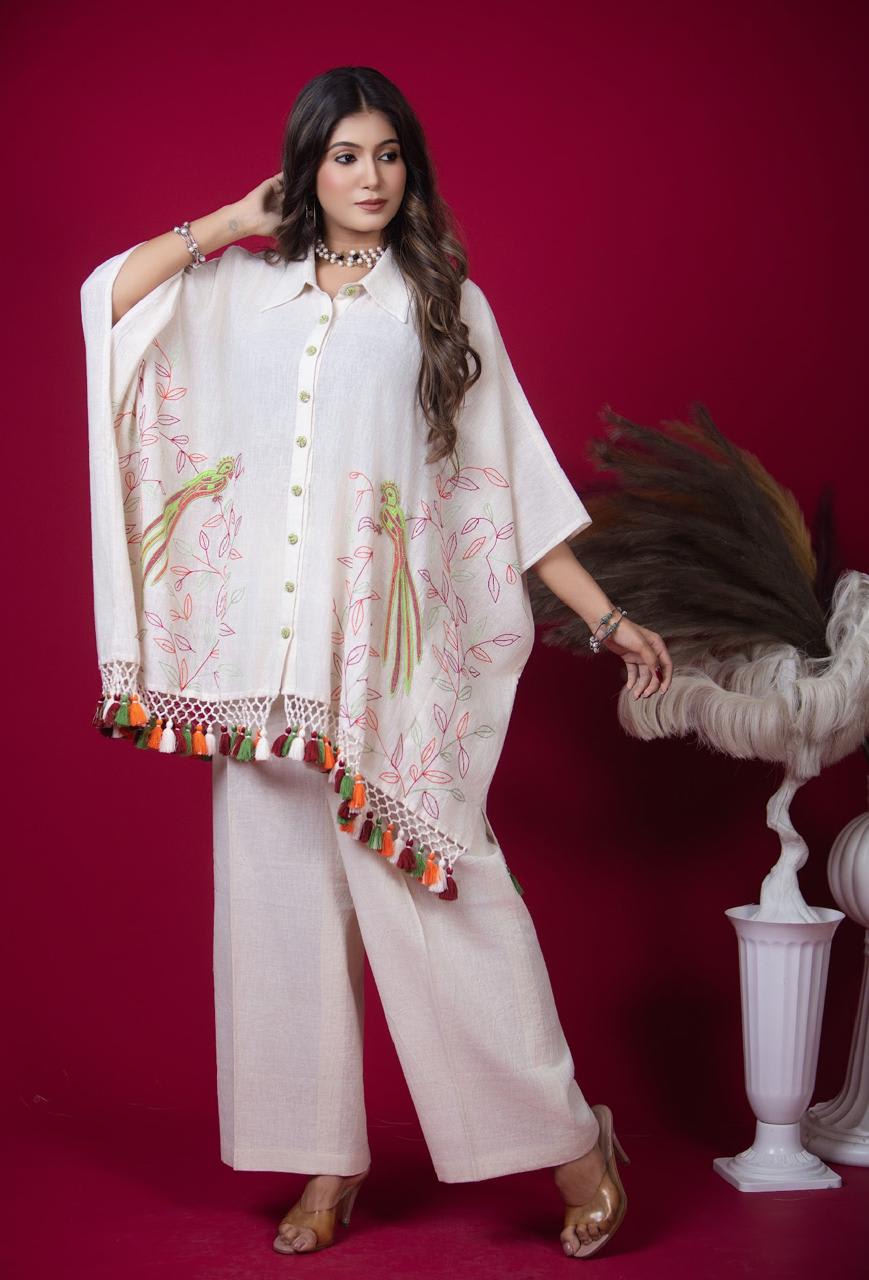 Cotton Kurti Set with Bead Motifs and Embroidered Foliage