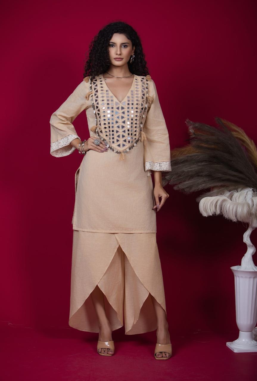 Beige Cotton Kurta Set with Mirror Khat Work and Lace Detailing
