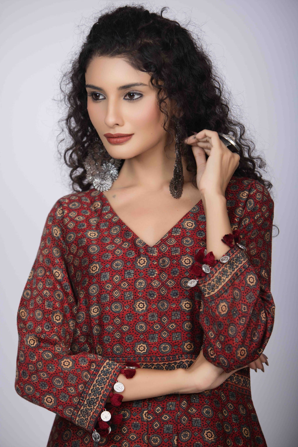 Maroon Jumpsuit with Ajrakh Block Print and Elegant V-Neckline
