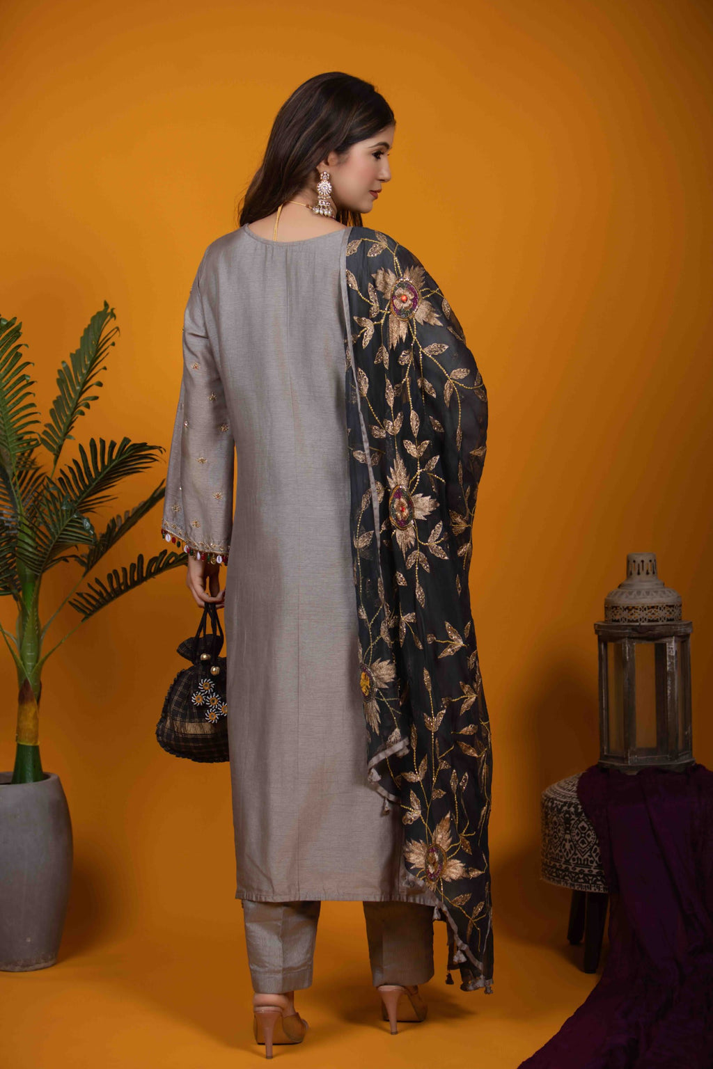 Grey Kurta Set with Hand Embroidery and Silk Pants
