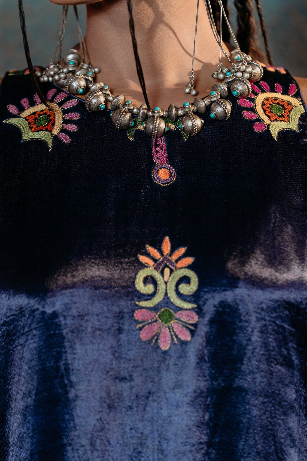 Blue Kurti Set with Floral Embroidery & Bandhej Palazzo