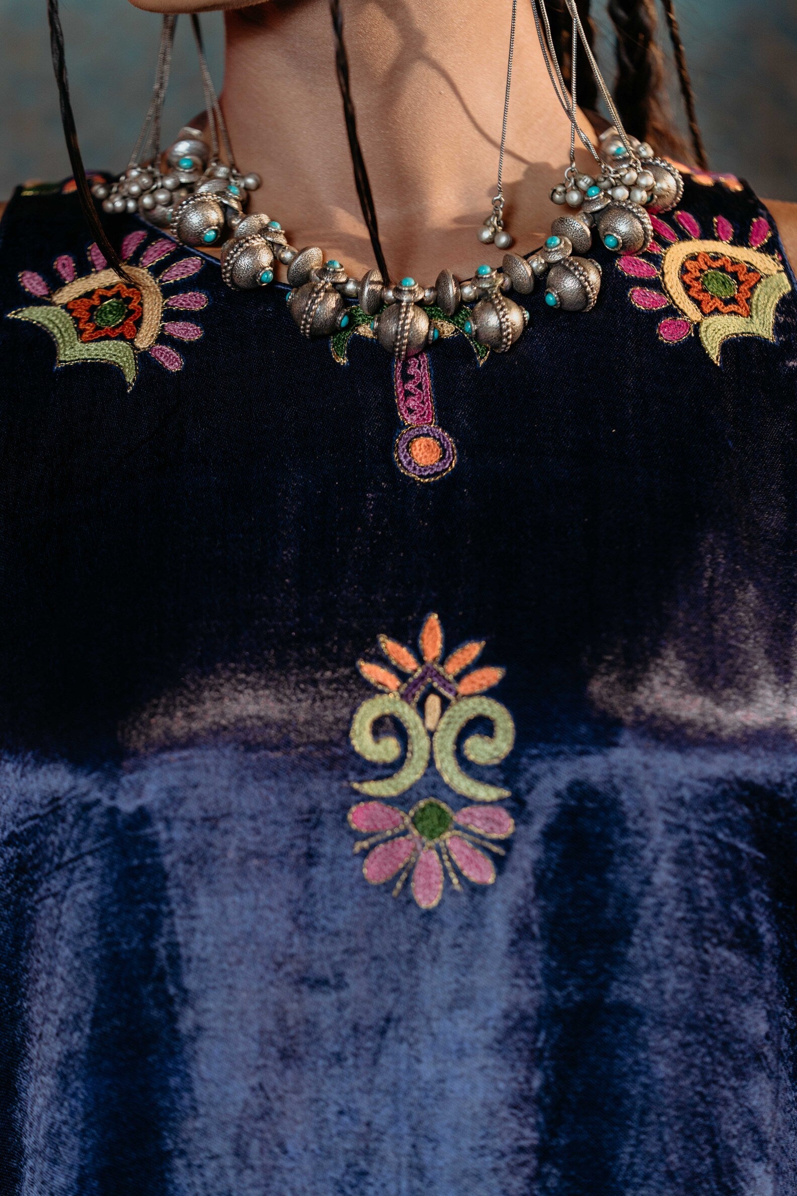 Blue Kurti Set with Floral Embroidery & Bandhej Palazzo