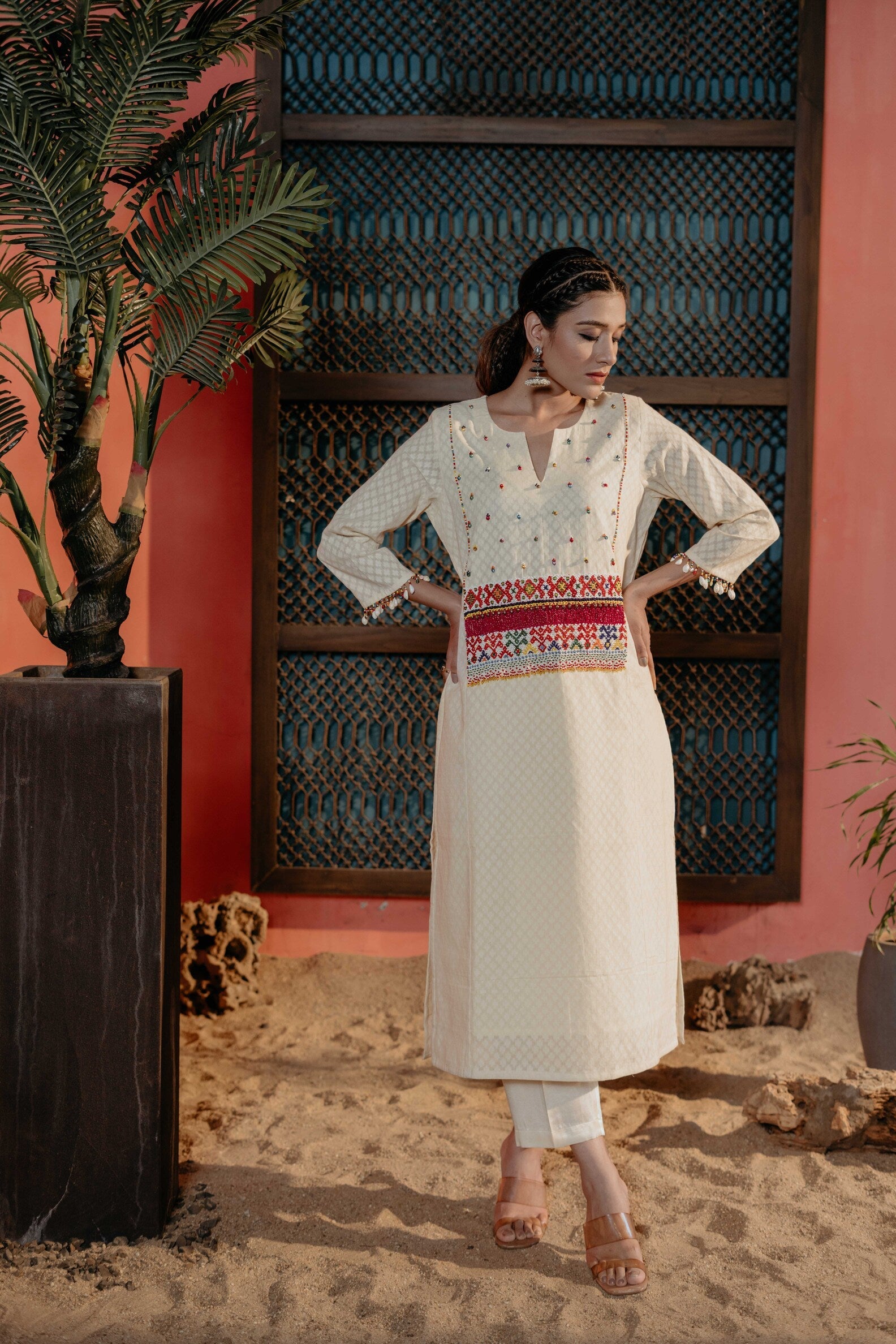 White Kurti Set with Pink Beadwork and Geometric Motifs