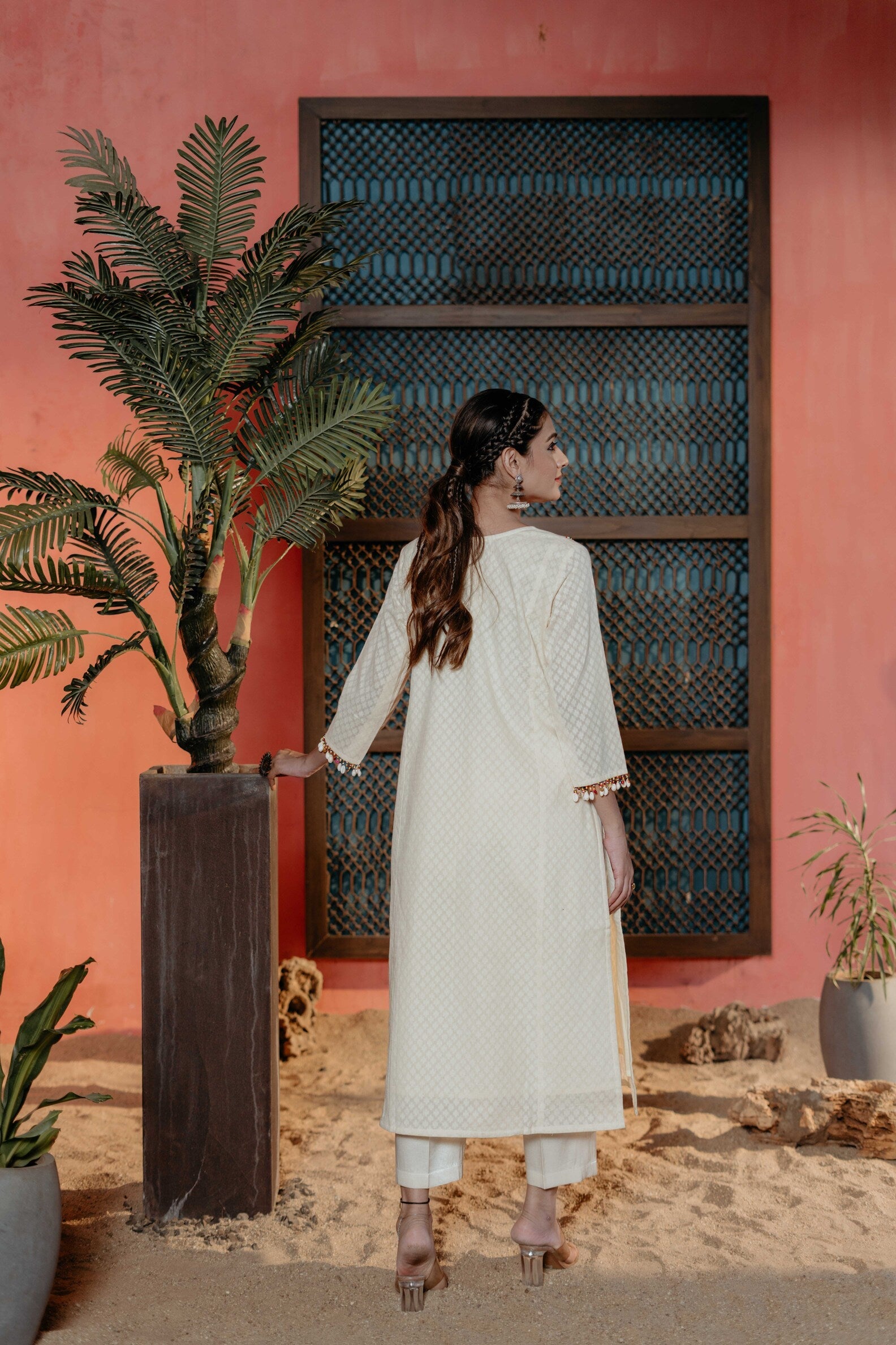 White Kurti Set with Pink Beadwork and Geometric Motifs