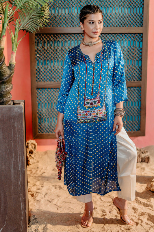 Turquoise blue bandhej kurti with square beads work, with white pants