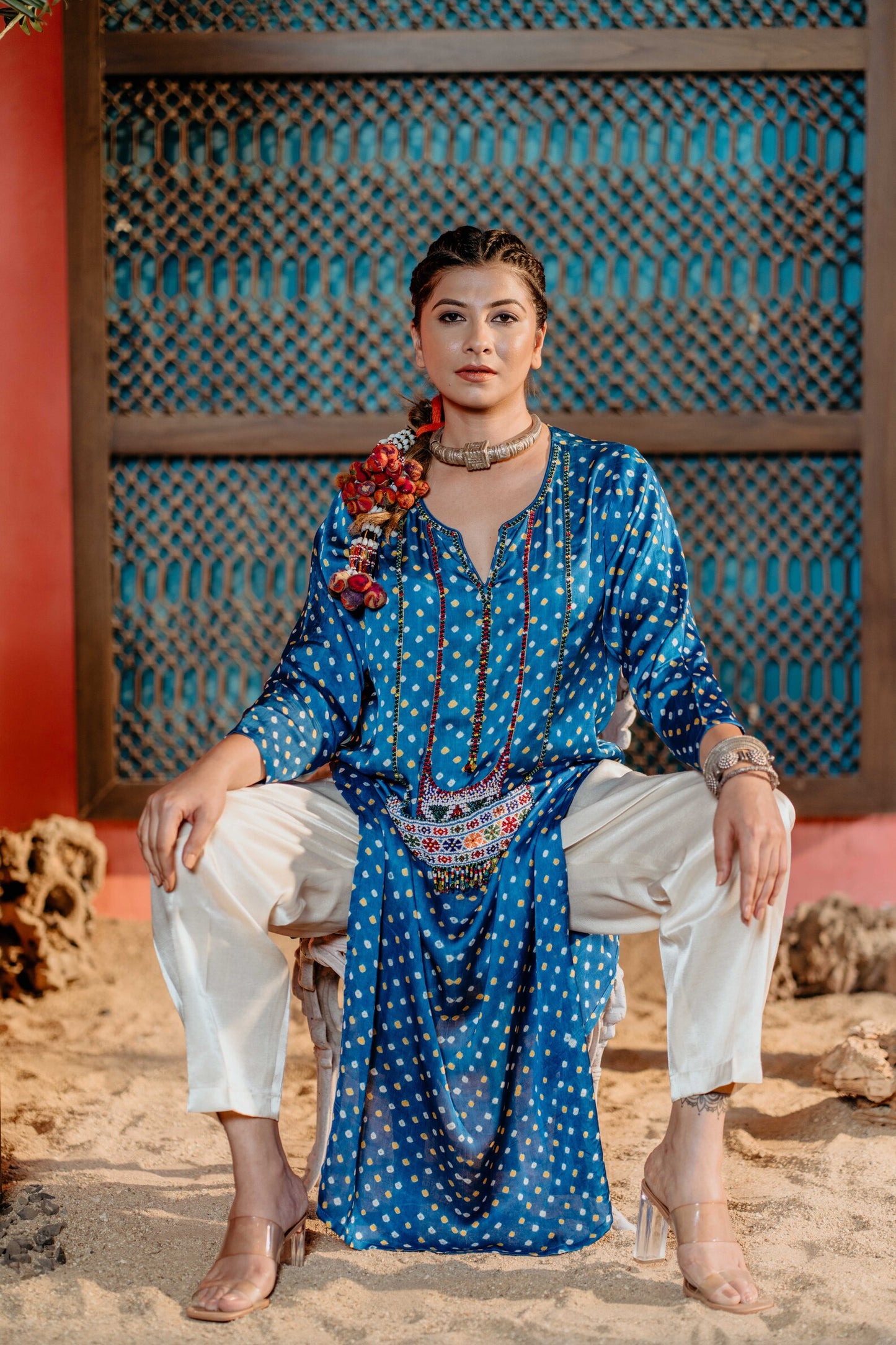 Turquoise blue bandhej kurti with square beads work, with white pants