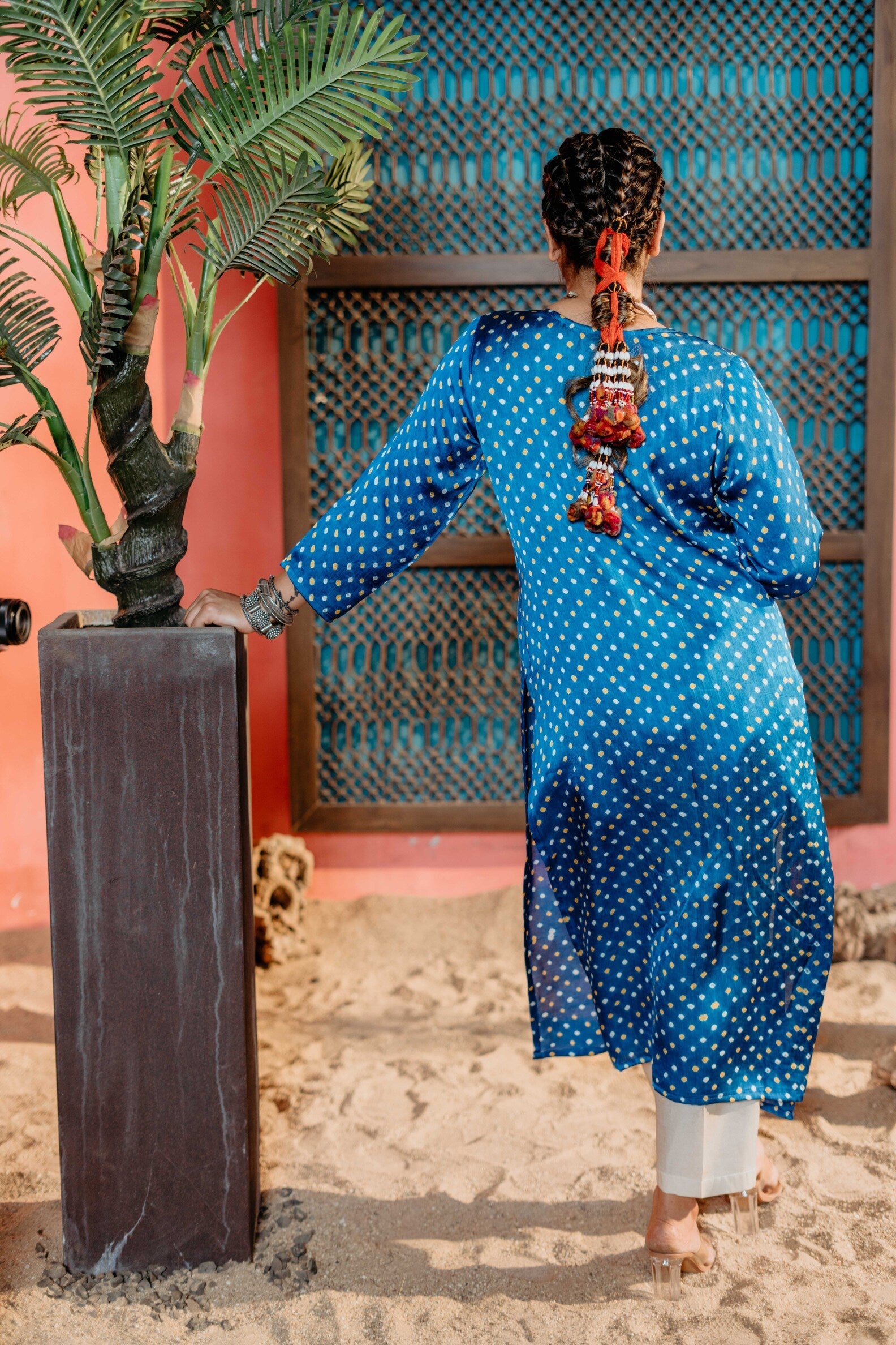 Turquoise Blue Bandhej Kurti with Elegant Bead Embellishments