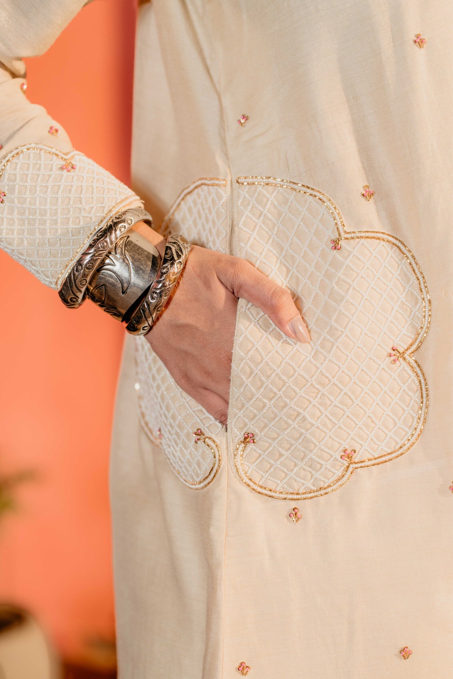 White stand patti, A-line round kurti with same pants(pink & white beads butti)