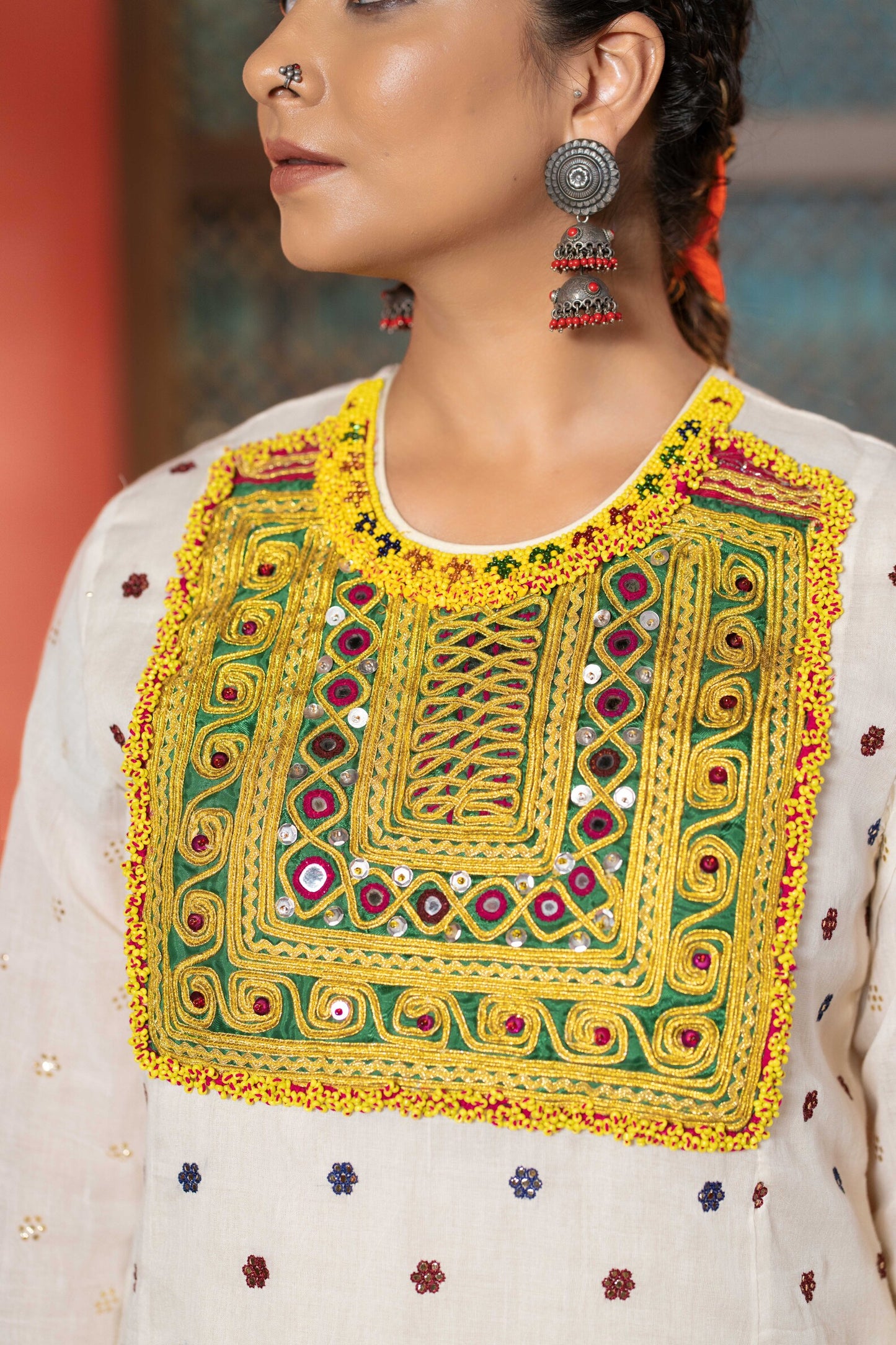 Monga kurti with yellow beads work patch(Afghani) all over butti kurti with badla work pant