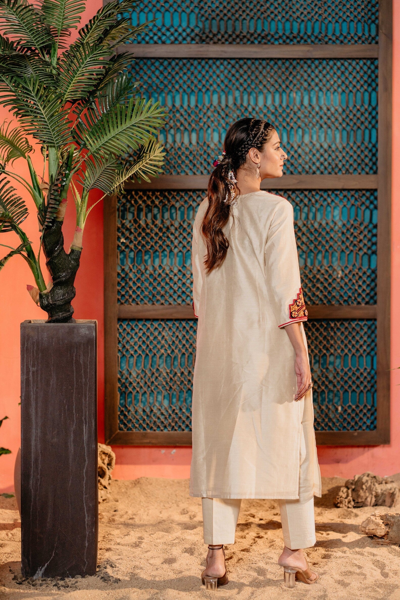 Beige Banjara Khat Work Kurti Set with Embroidery & Shell Embellishments