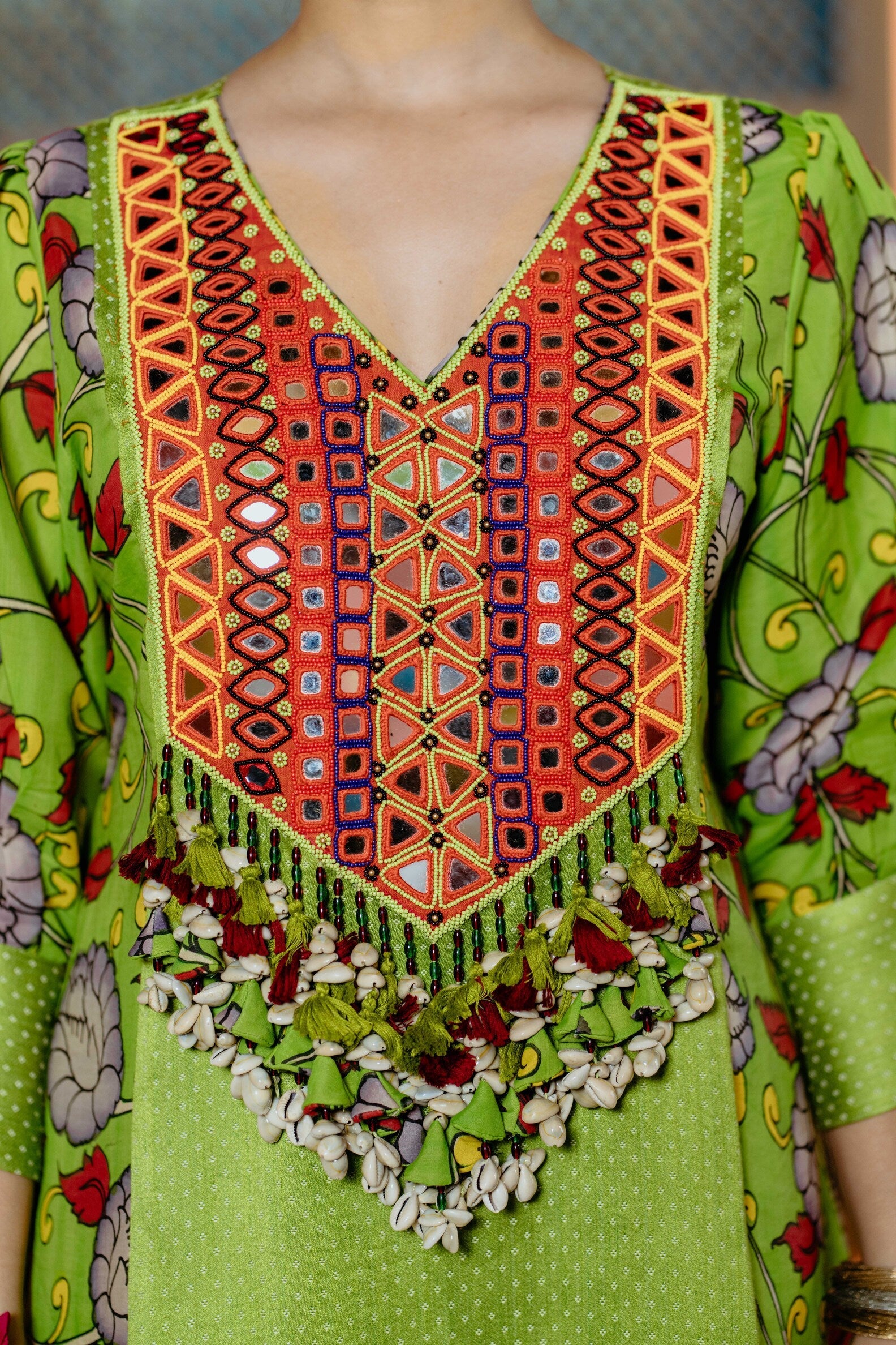 Parrot Green Banjara Kurti Set with Kalamkari Motifs & Mirror Work