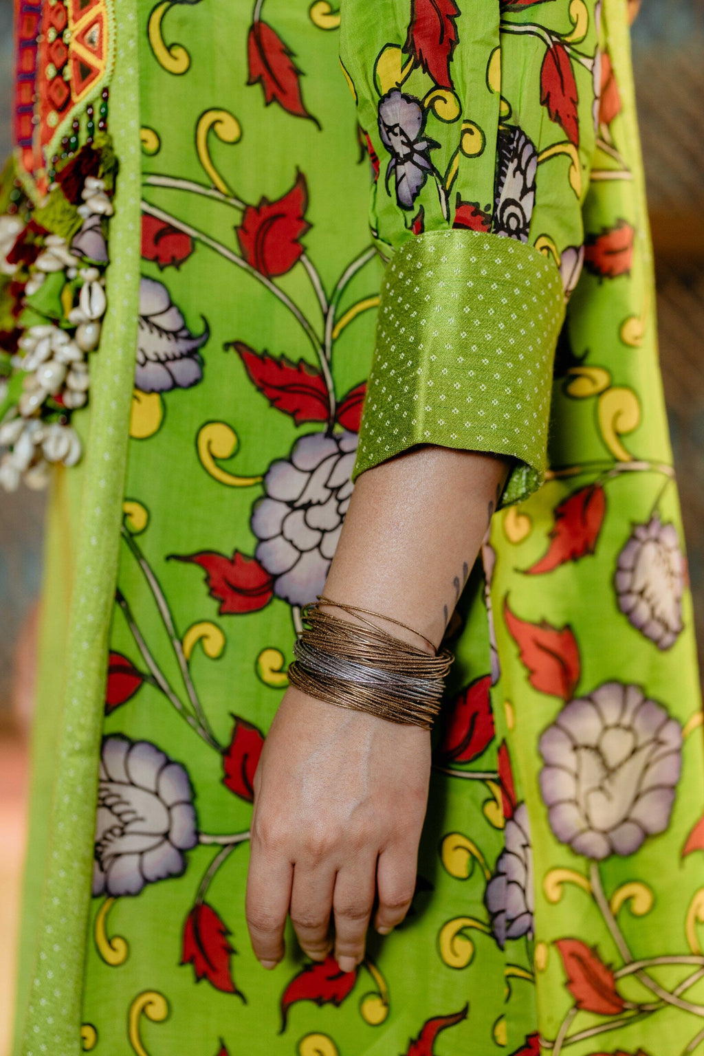 Parrot Green Banjara Kurti Set with Kalamkari Motifs & Mirror Work