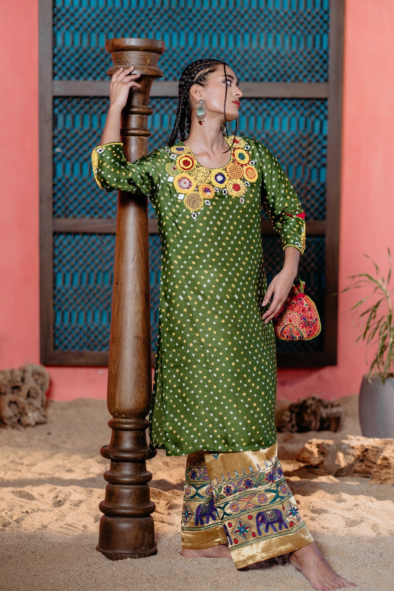 Mehendi Green Bandhej Kurti with Yellow Beadwork & Elegant Embellishments