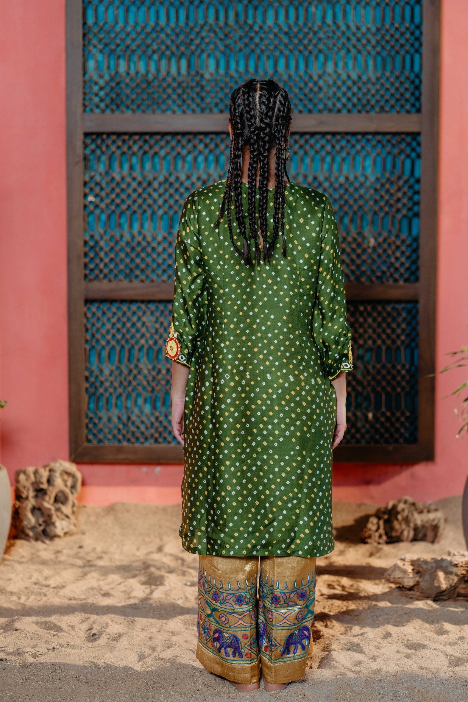 Mehendi Green Bandhej Kurti with Yellow Beadwork & Elegant Embellishments