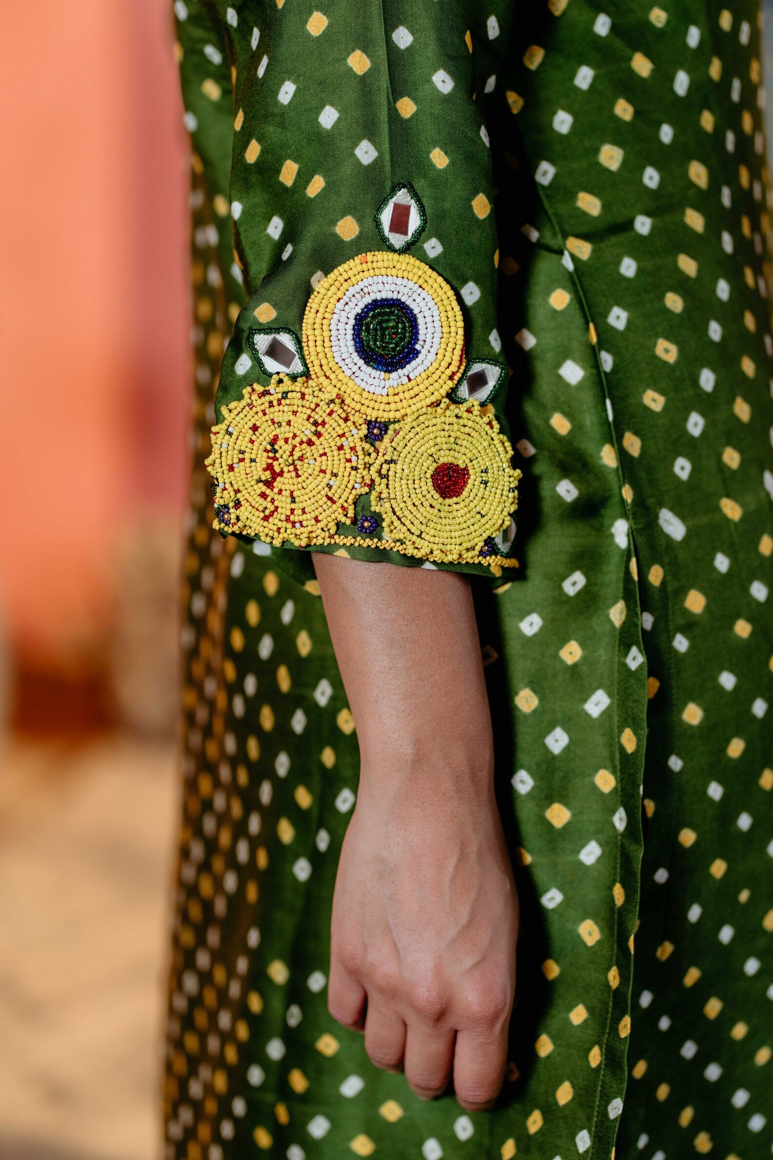 Mehendi Green Bandhej Kurti with Yellow Beadwork & Elegant Embellishments