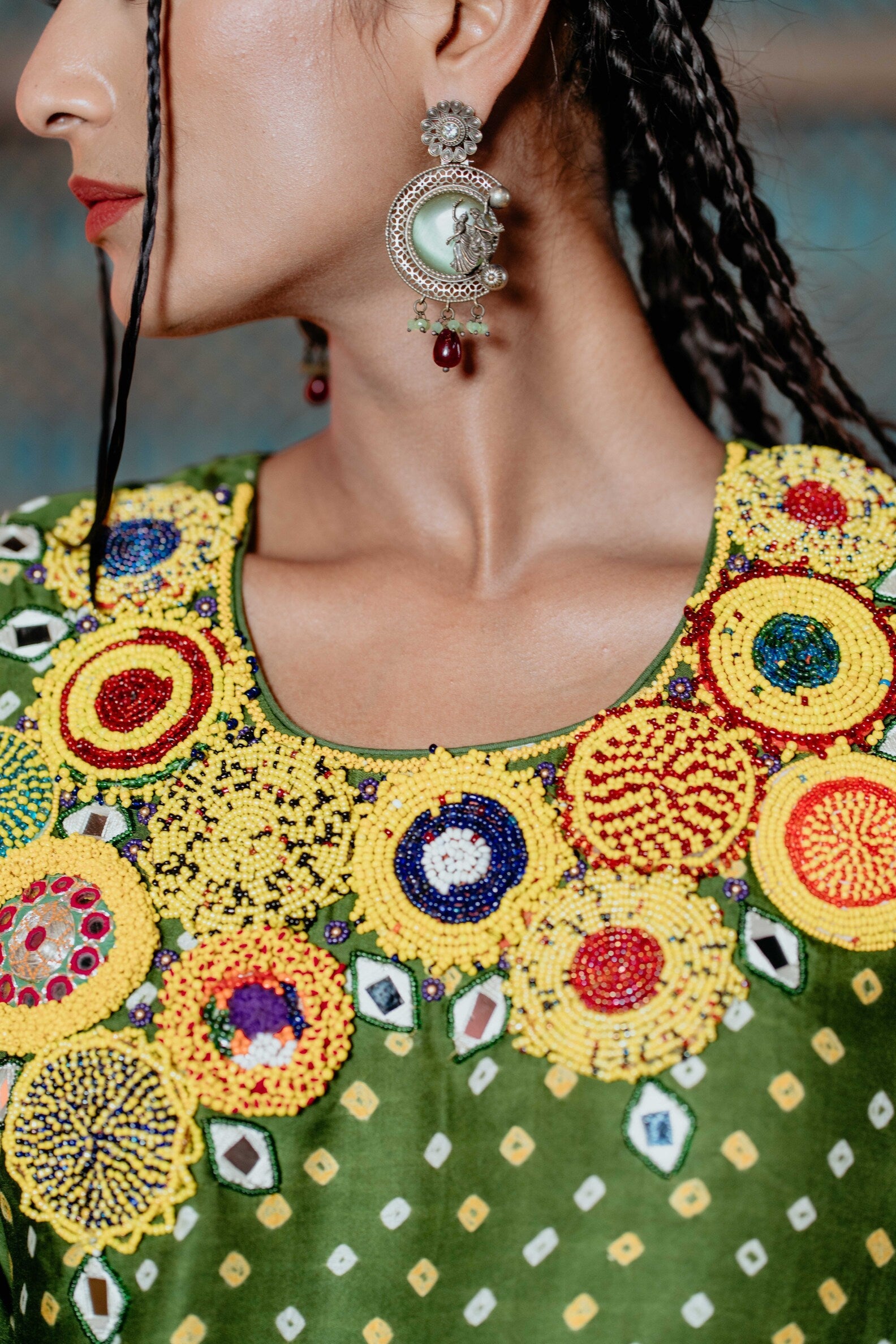 Mehendi Green Bandhej Kurti with Yellow Beadwork & Elegant Embellishments