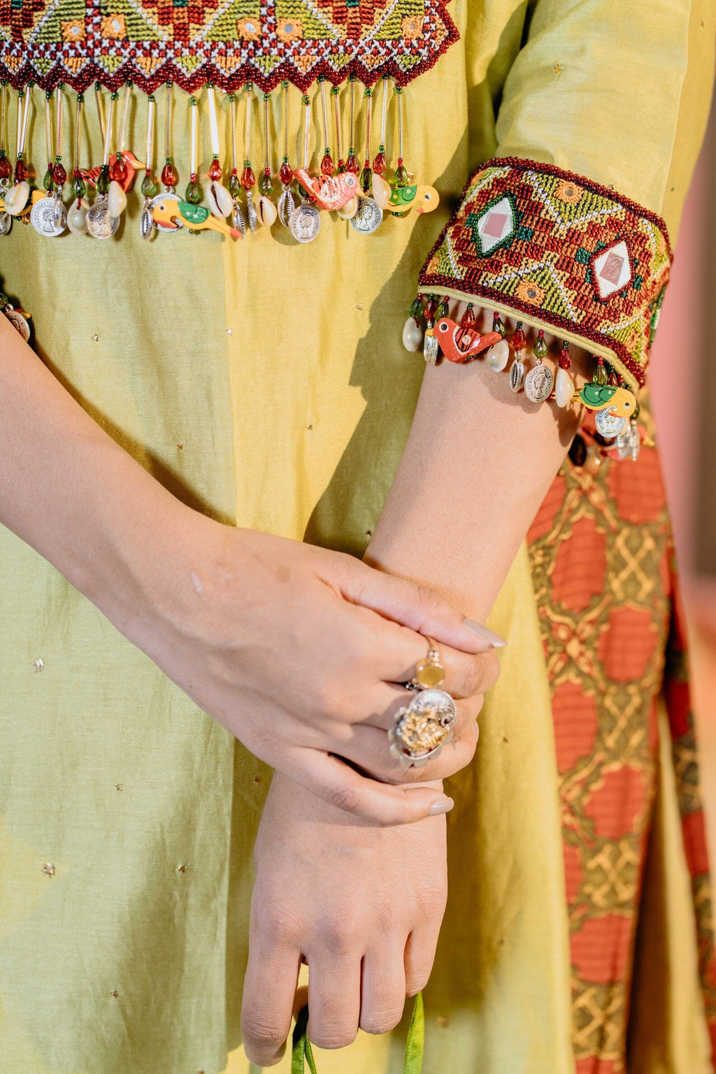 Pista Green Ajrakh Kurti Set with Maroon Embroidery & Mirror Details