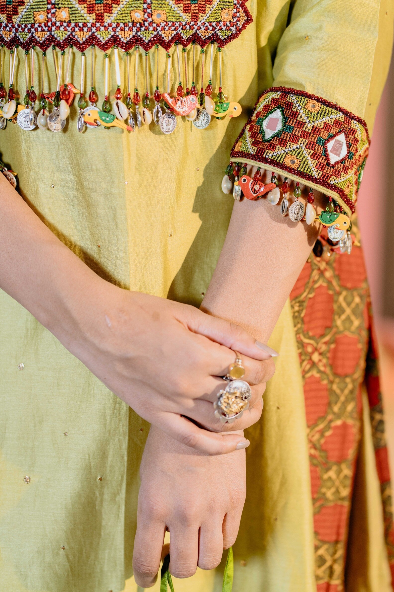 Pista Green Ajrakh Kurti Set with Maroon Embroidery & Mirror Details