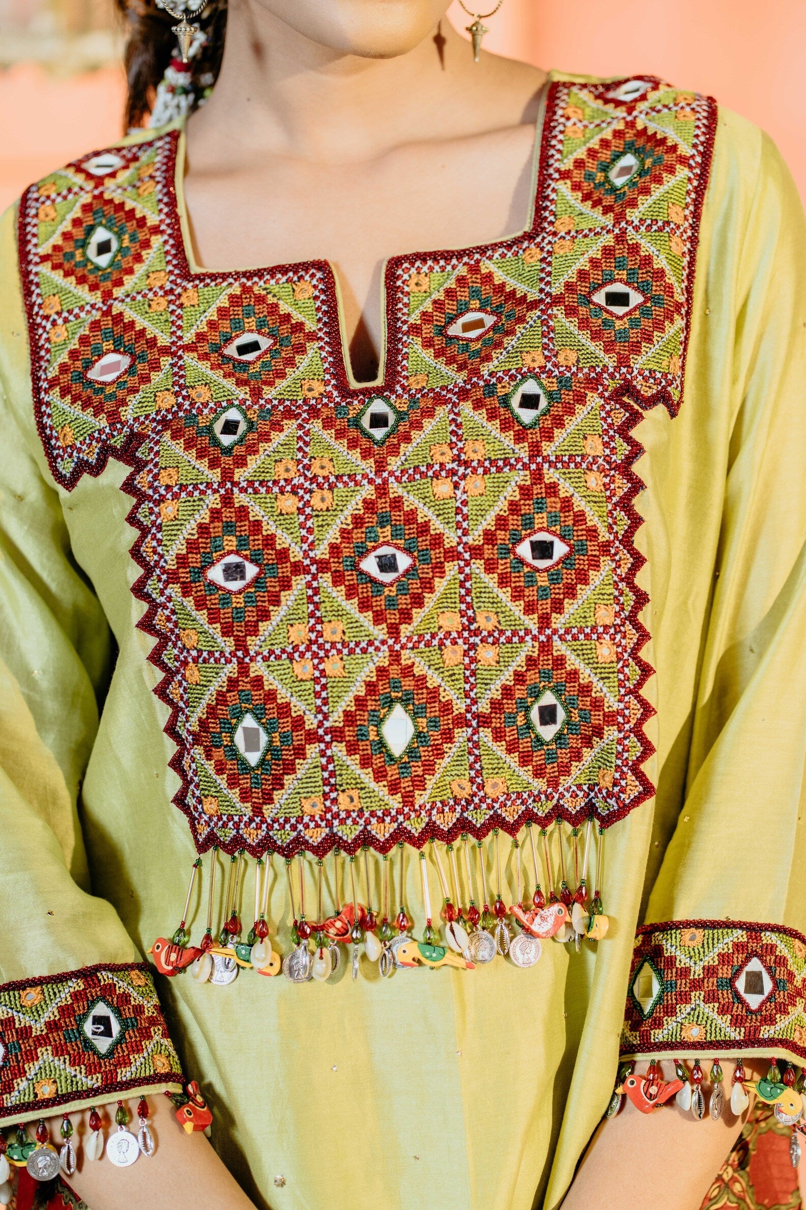Pista Green Ajrakh Kurti Set with Maroon Embroidery & Mirror Details