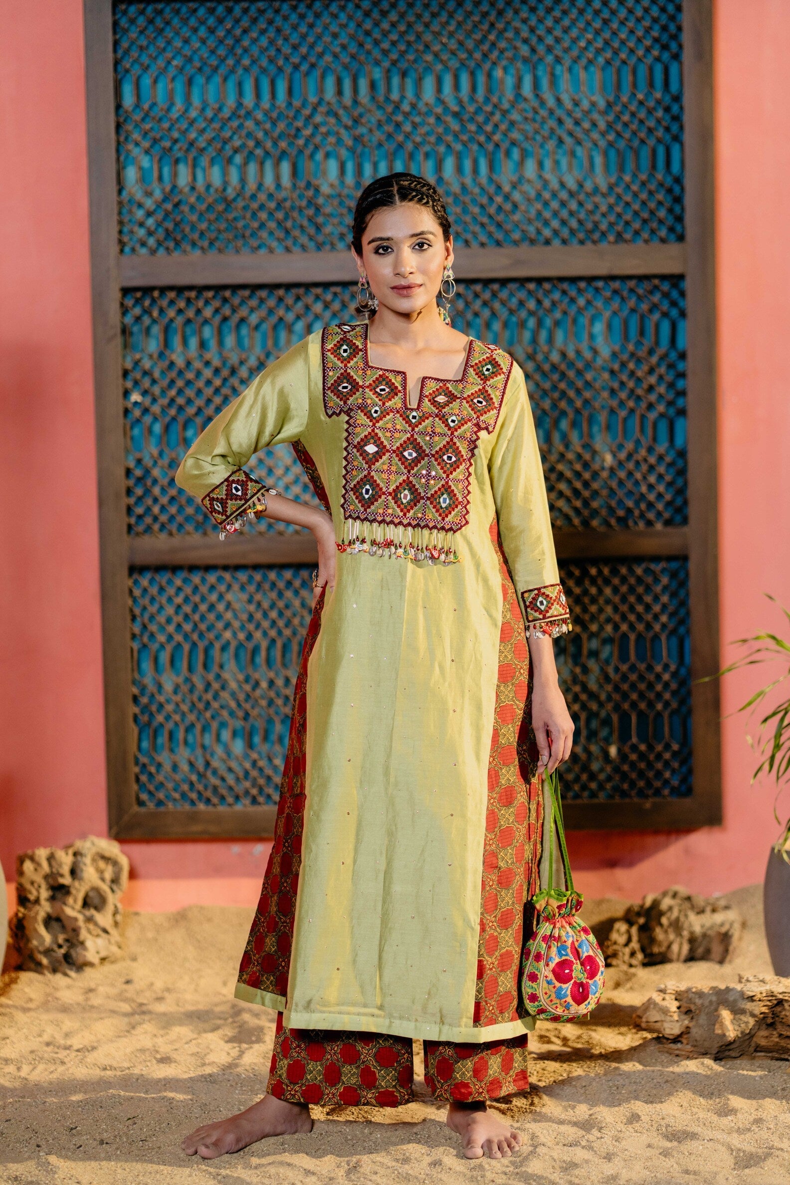 Pista Green Ajrakh Kurti Set with Maroon Embroidery & Mirror Details