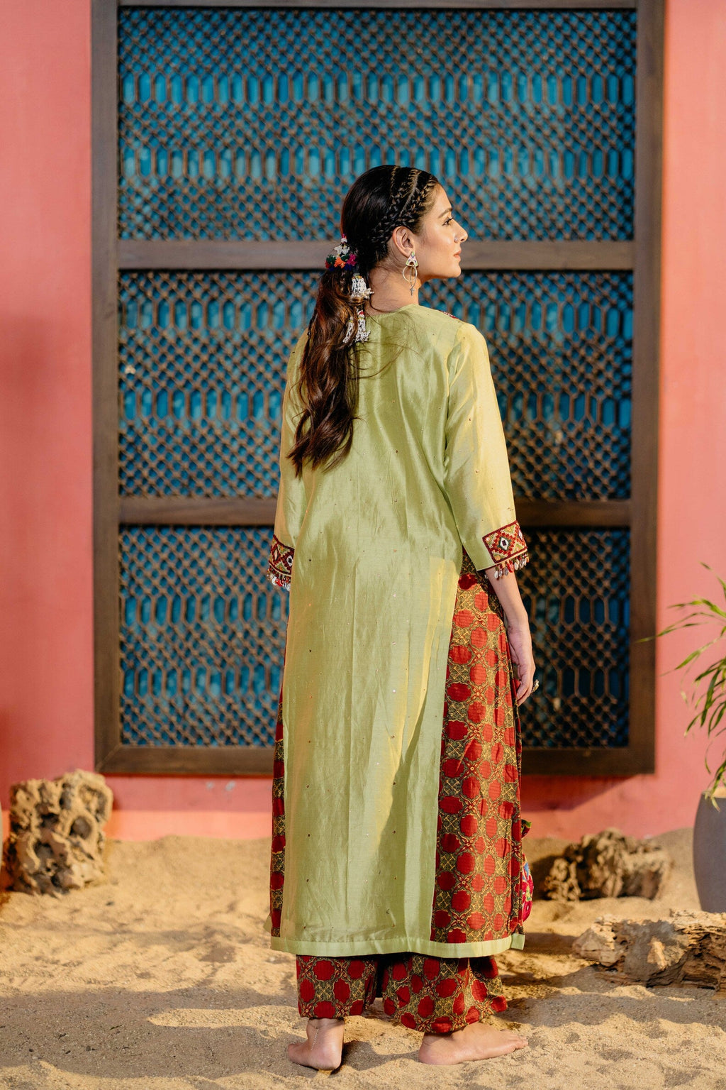 Pista Green Ajrakh Kurti Set with Maroon Embroidery & Mirror Details