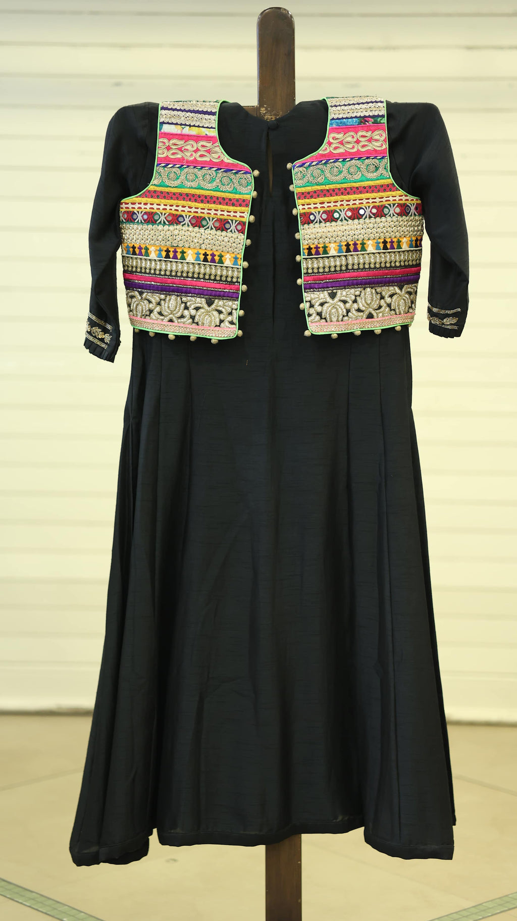 Black Kurti Set with Colorful Embroidery and Pompom Details