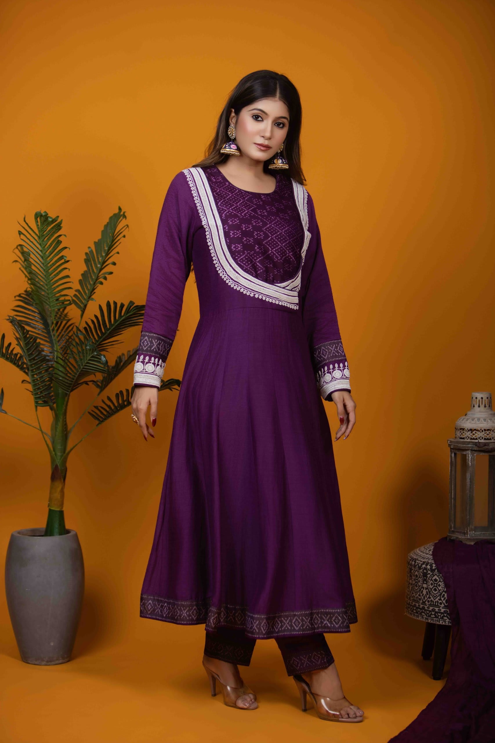 Purple Anarkali Set - Embroidered Monga Silk with Ikkat Detailing