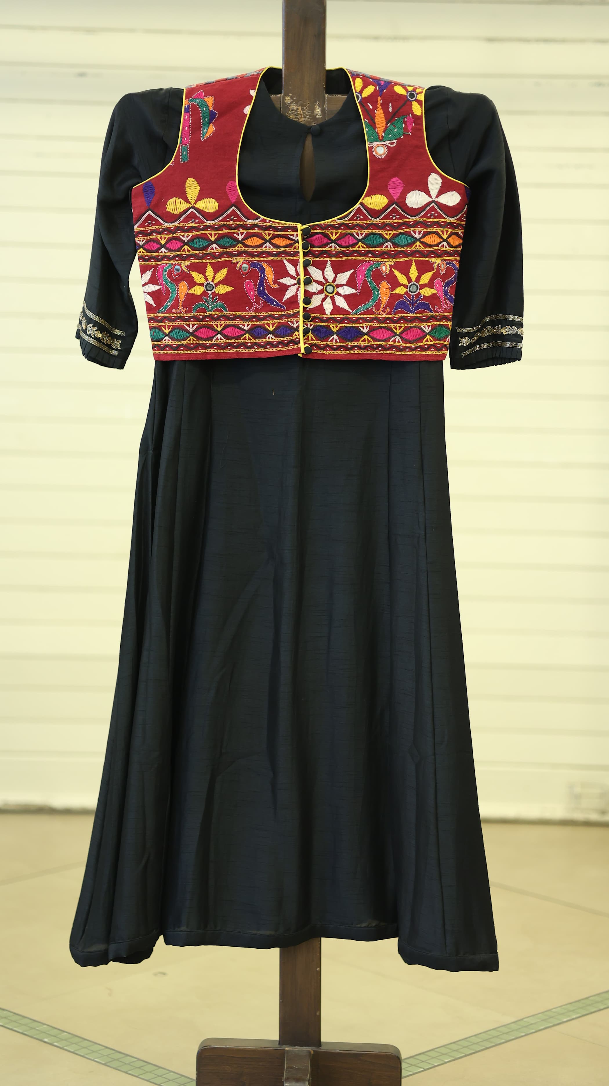 Black Kurti Set with Embroidered Red Vest and Floral Motifs
