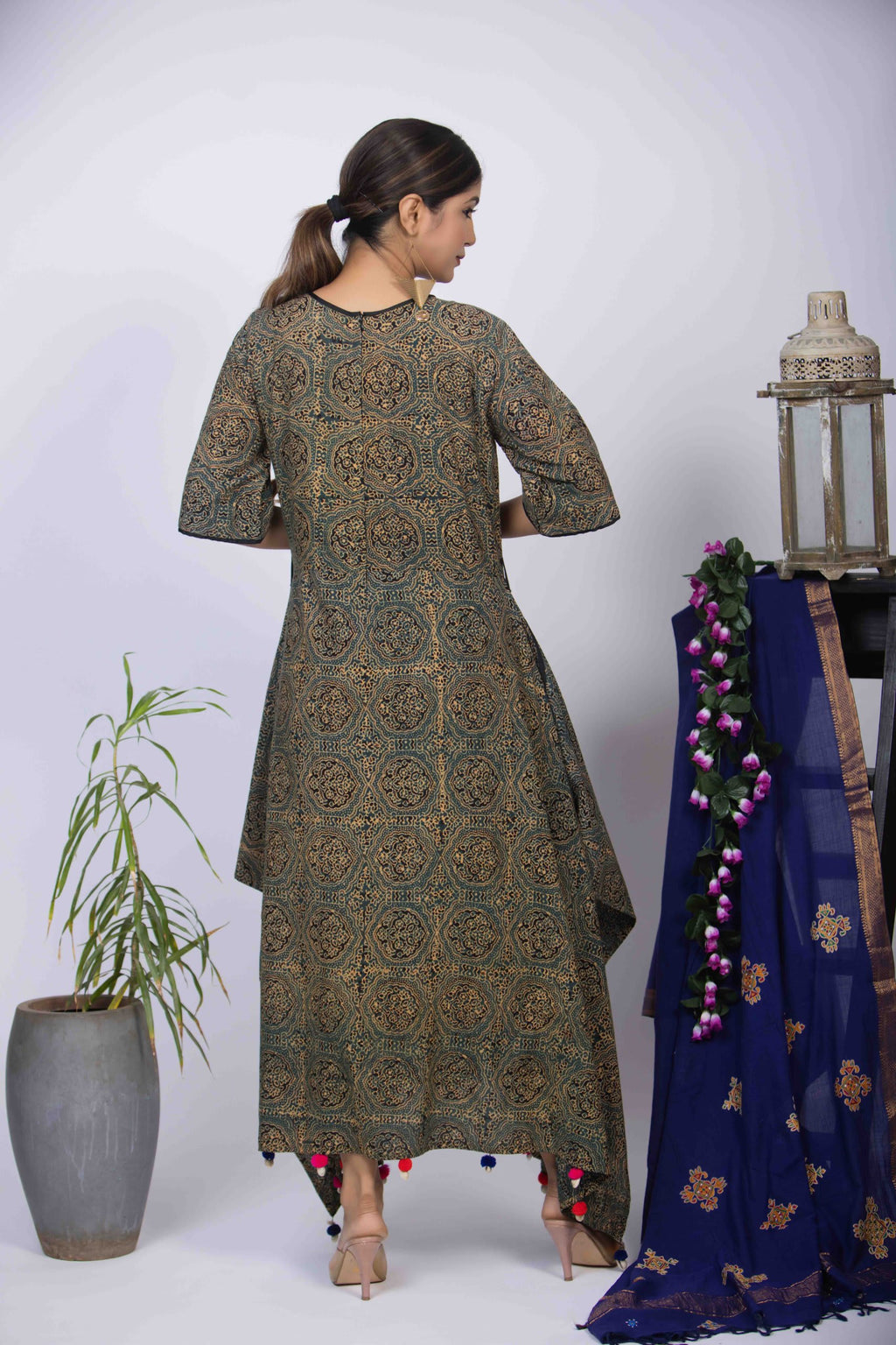 Dusty Green Ajrakh Block Print Dress with Pom-Pom Detailing