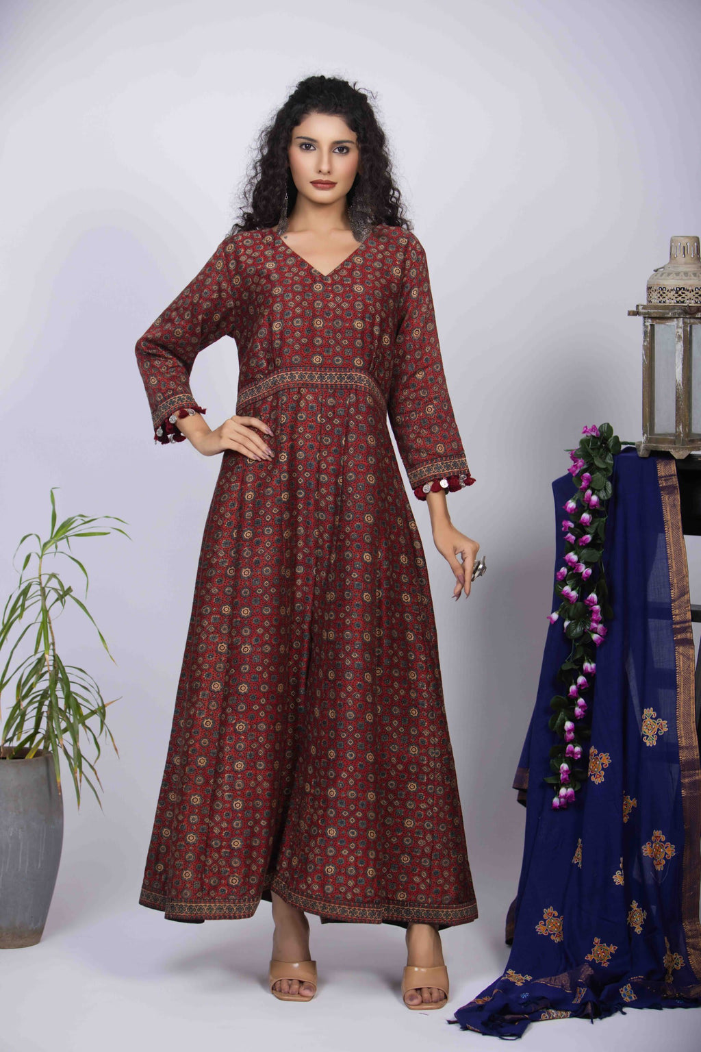 Maroon Jumpsuit with Ajrakh Block Print and Elegant V-Neckline