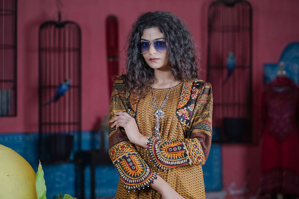 Mustard Kurti Set with Ajrak Patterns & Floral Embroidery