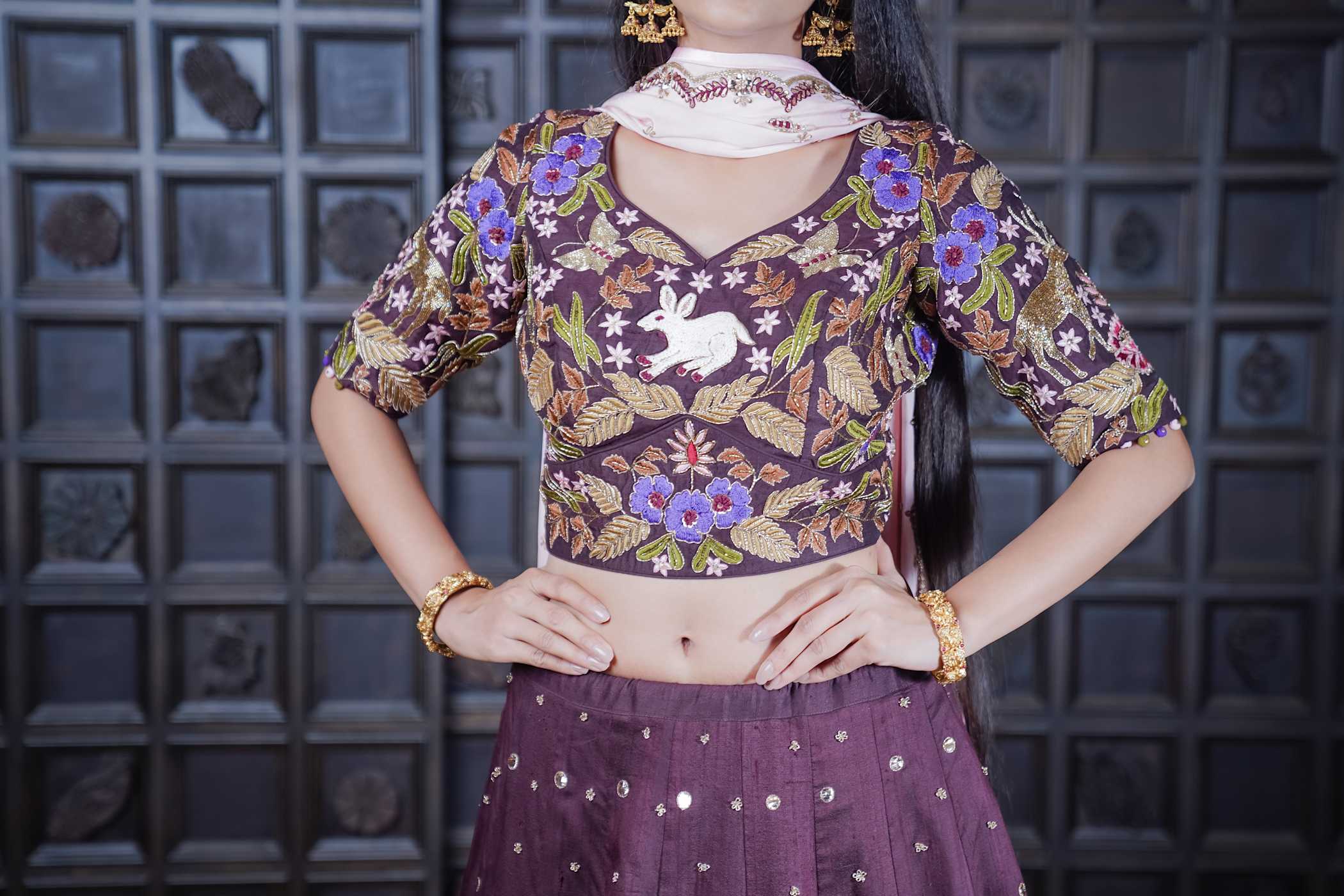 Deep Maroon Lehenga with Floral & Rabbit Motifs – Traditional Elegance