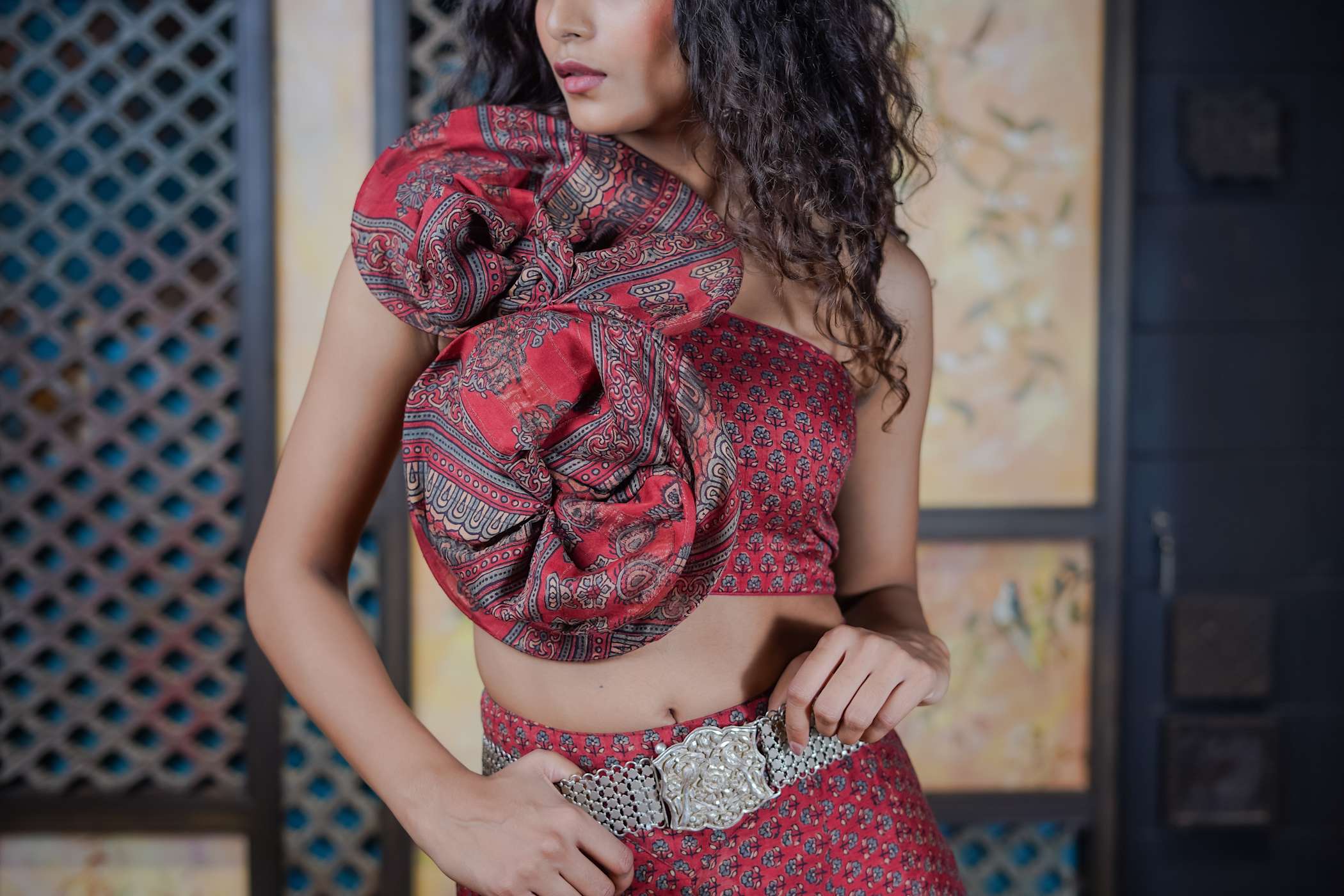 Red Ajrak Kurti Set with Intricate Motifs and Bow Detail