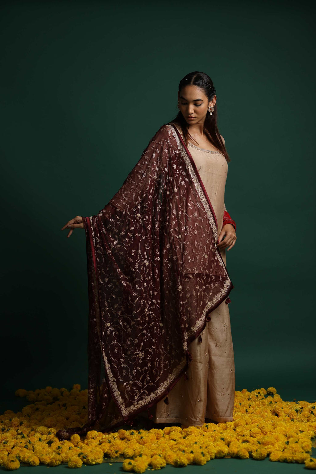 Beige Jardosh Kurti Set with Embroidery and Shimmering Accents