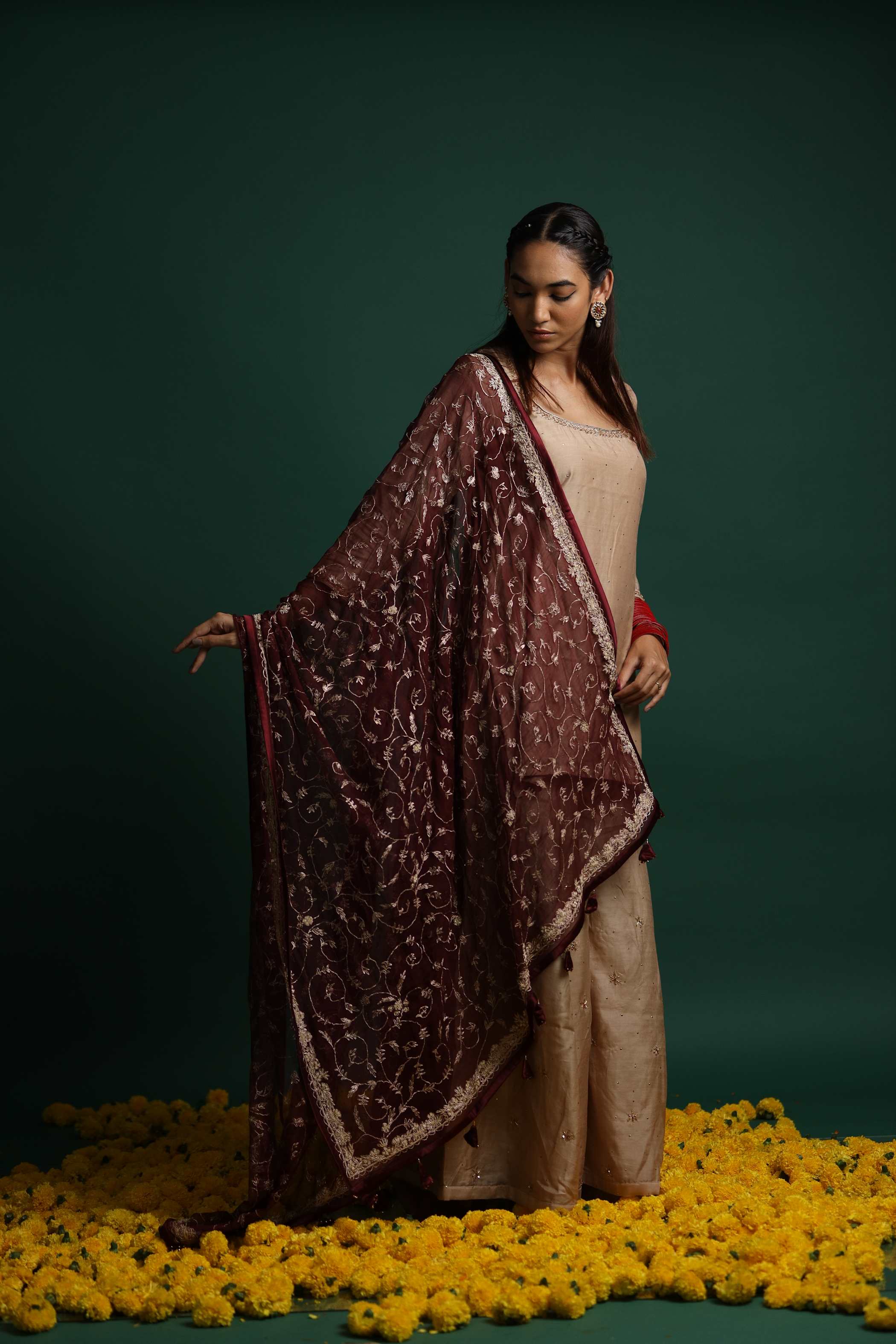 Beige Jardosh Kurti Set with Embroidery and Shimmering Accents