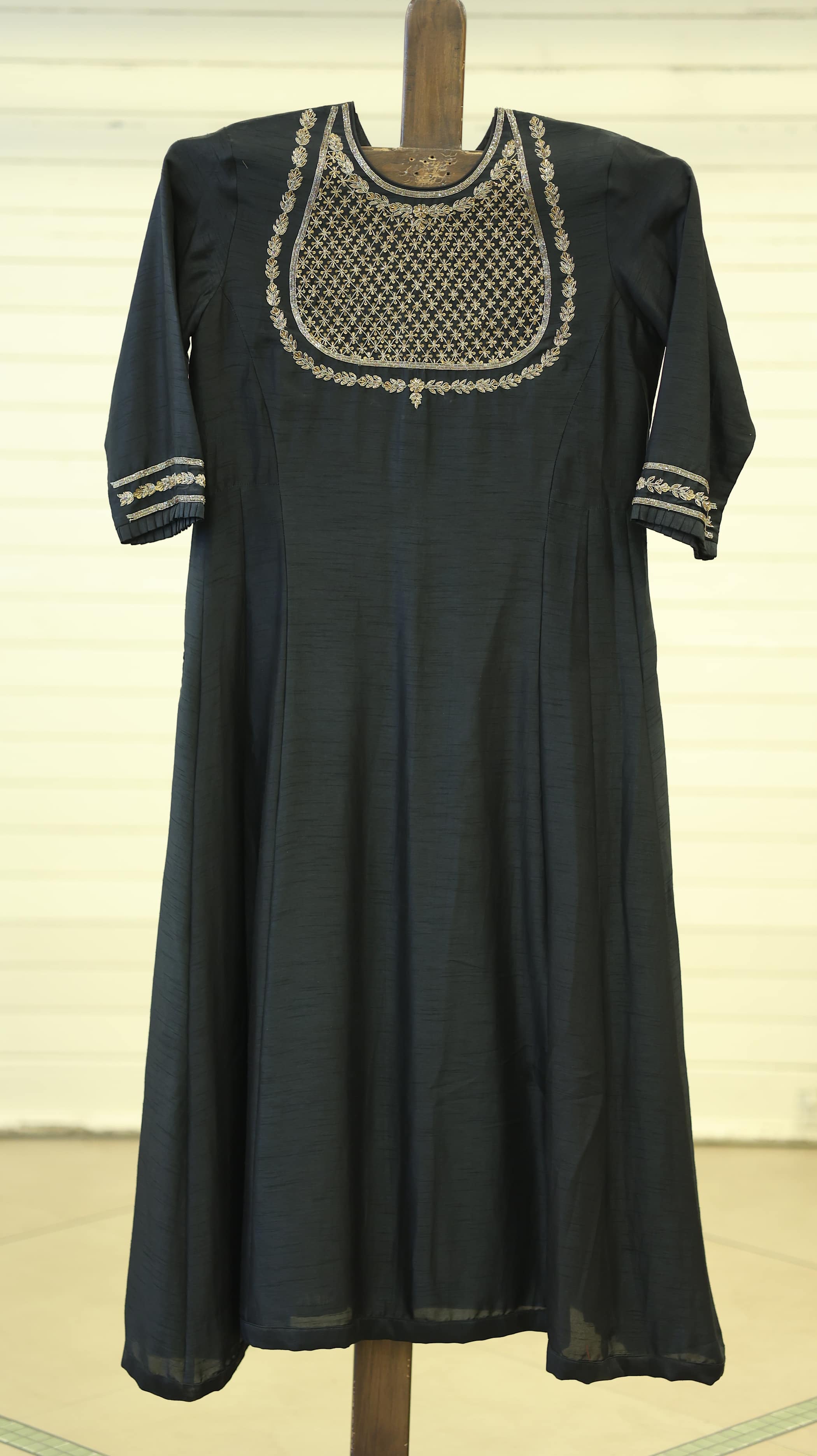 Black Kurti Set with Golden Embroidery and Floral Motif