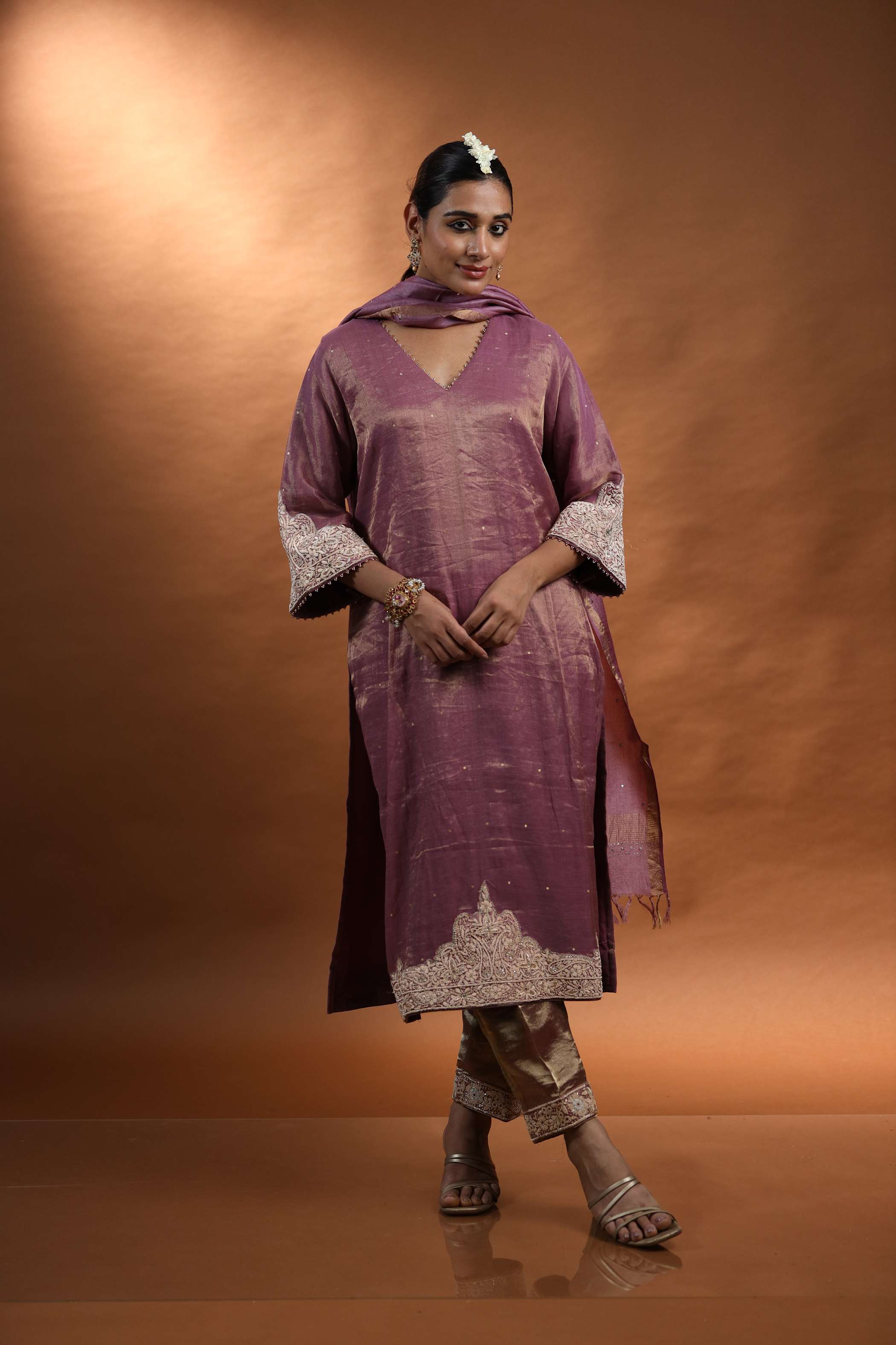 Plum Silk Kurti Set with Silver Embroidery & Beaded Detailing
