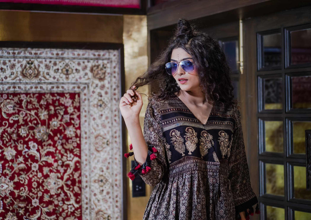 Ajrak Kurti Set with Paisley Print and Gold Detailing