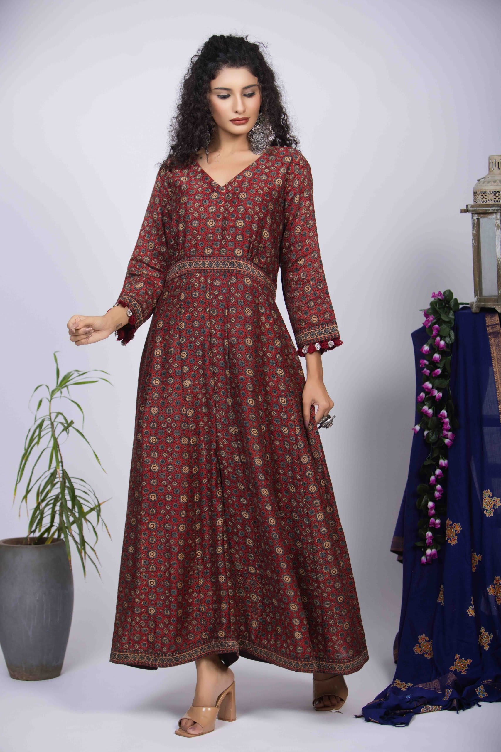 Maroon Jumpsuit with Ajrakh Block Print and Elegant V-Neckline