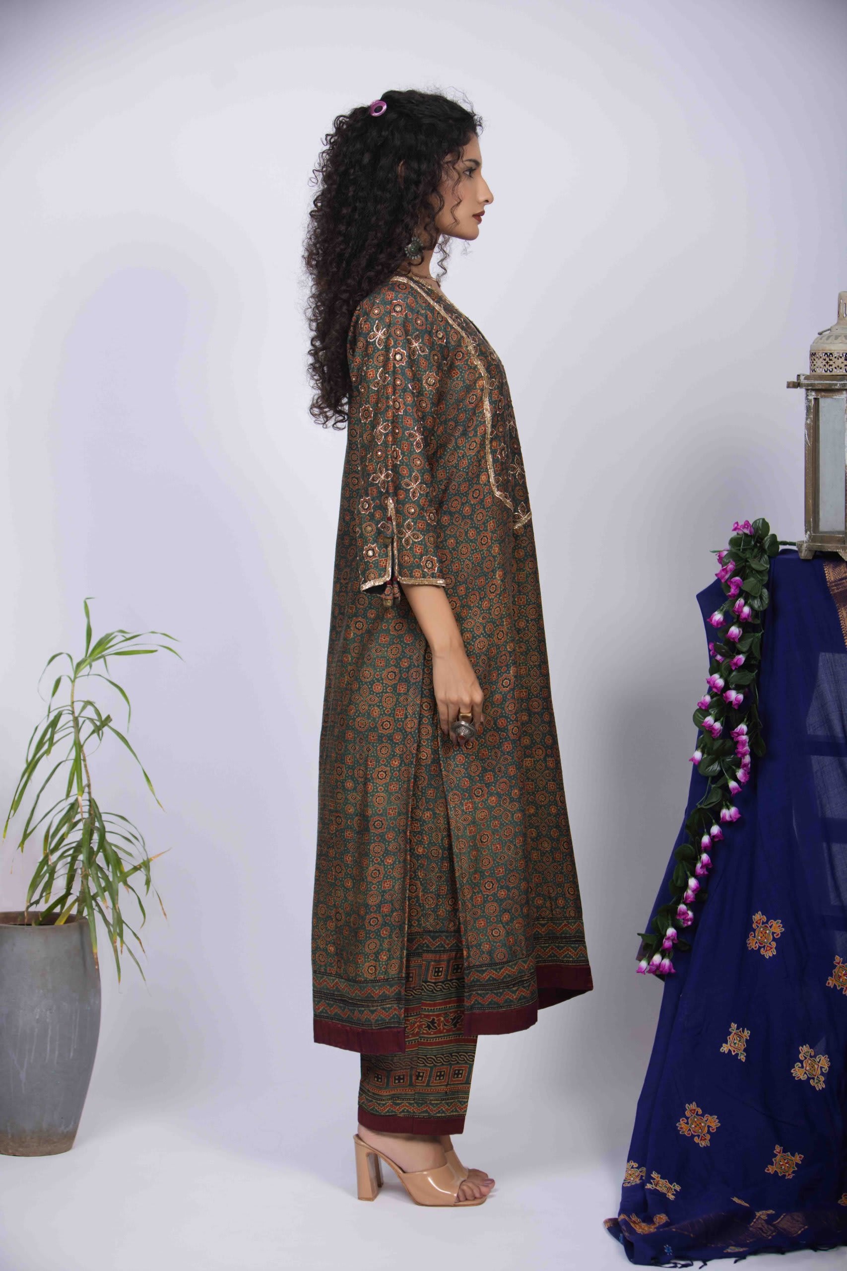Green Ajrakh Kurta with Intricate Pita Work & Bell Sleeves