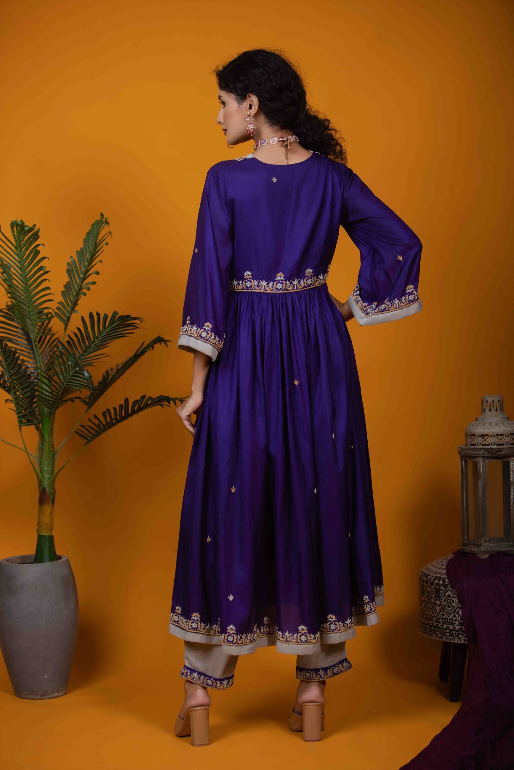 Violet Silk Kurti Set with Zardozi Embroidery & Bell Sleeves
