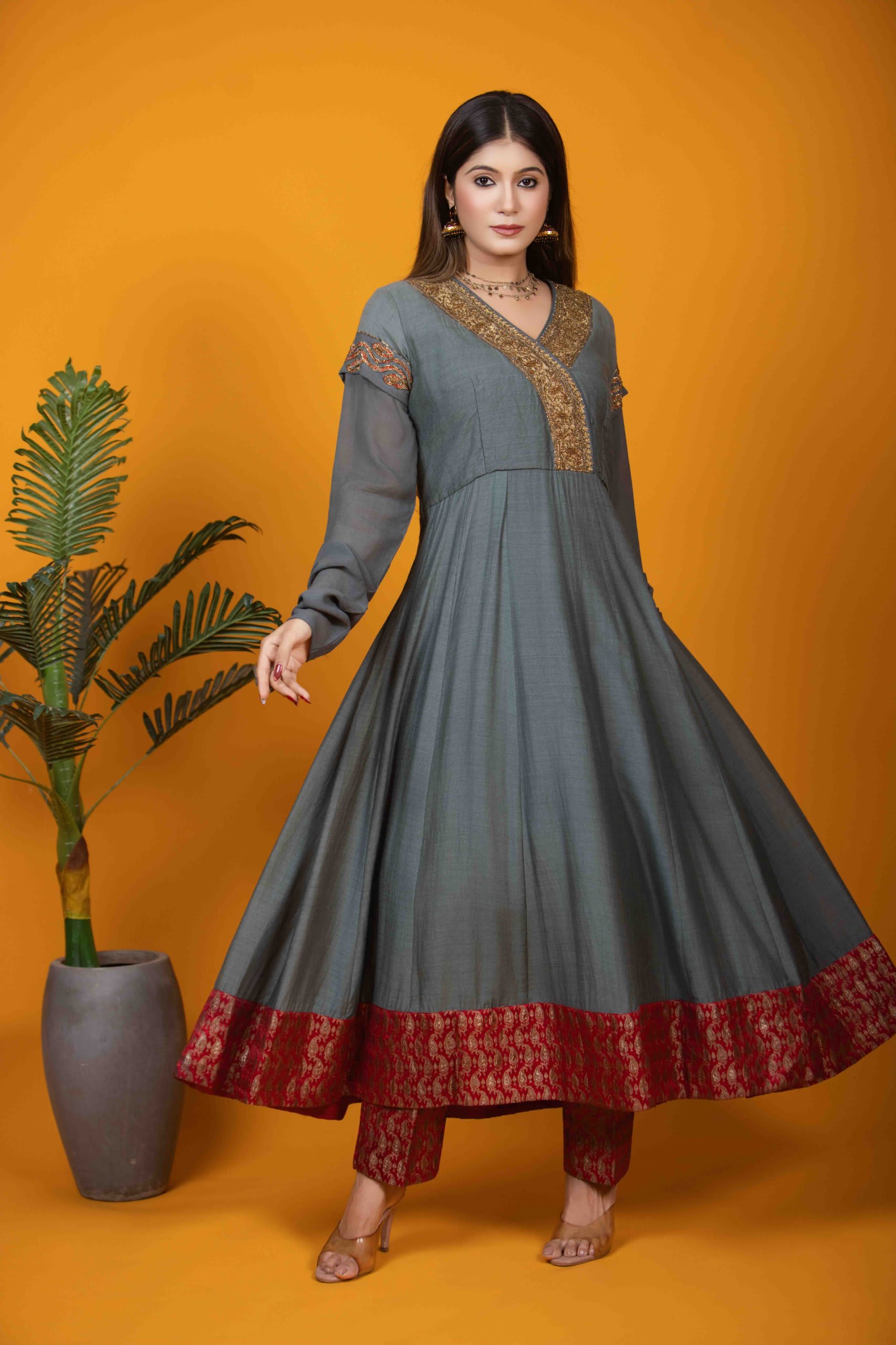 Grey Silk Anarkali Dress with Khat Work & Red Banarasi Border