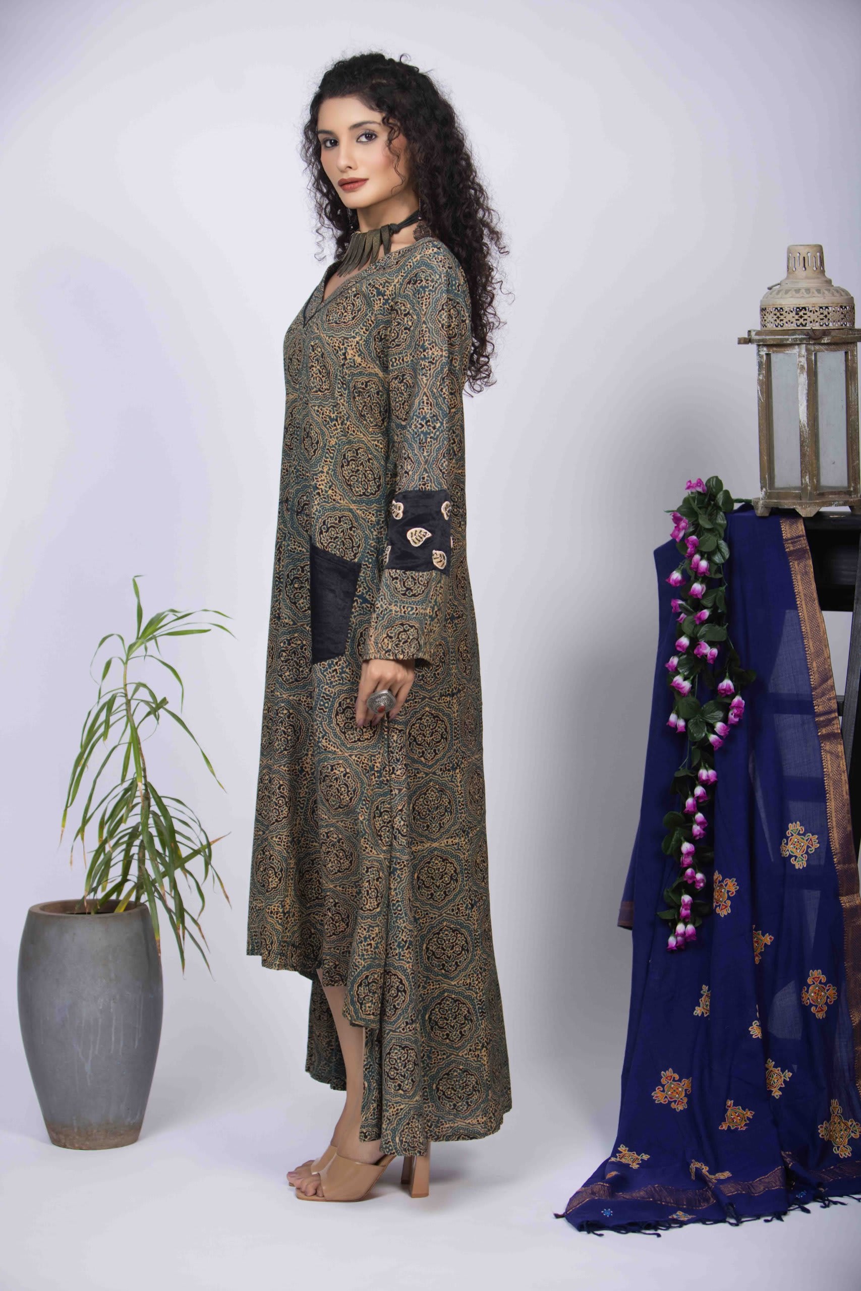 Dusty Green High-Low Dress with Ajrakh Block Print & Embroidered Sleeves